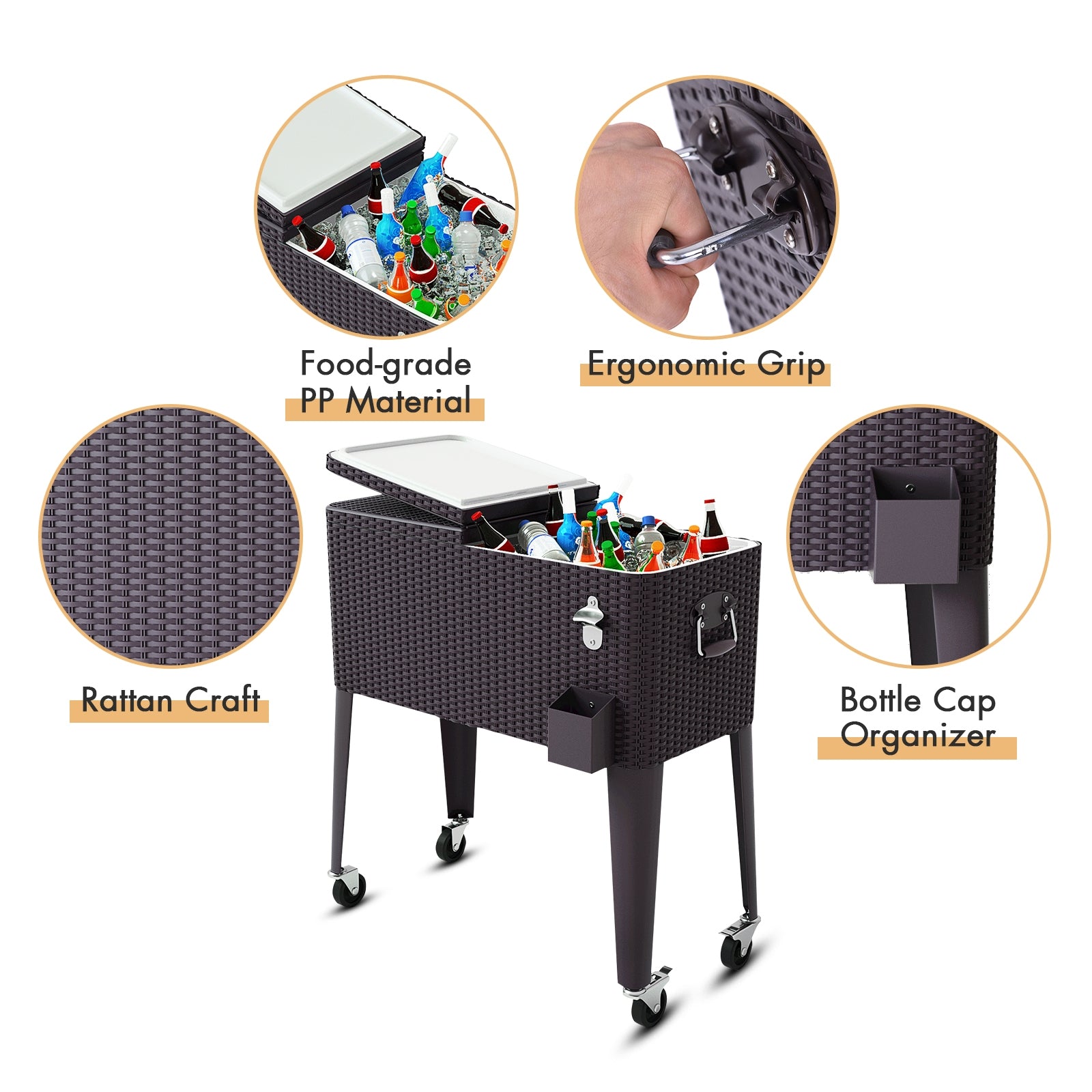 80QT Outdoor Party Portable Rattan Rolling Cooler CartÂ