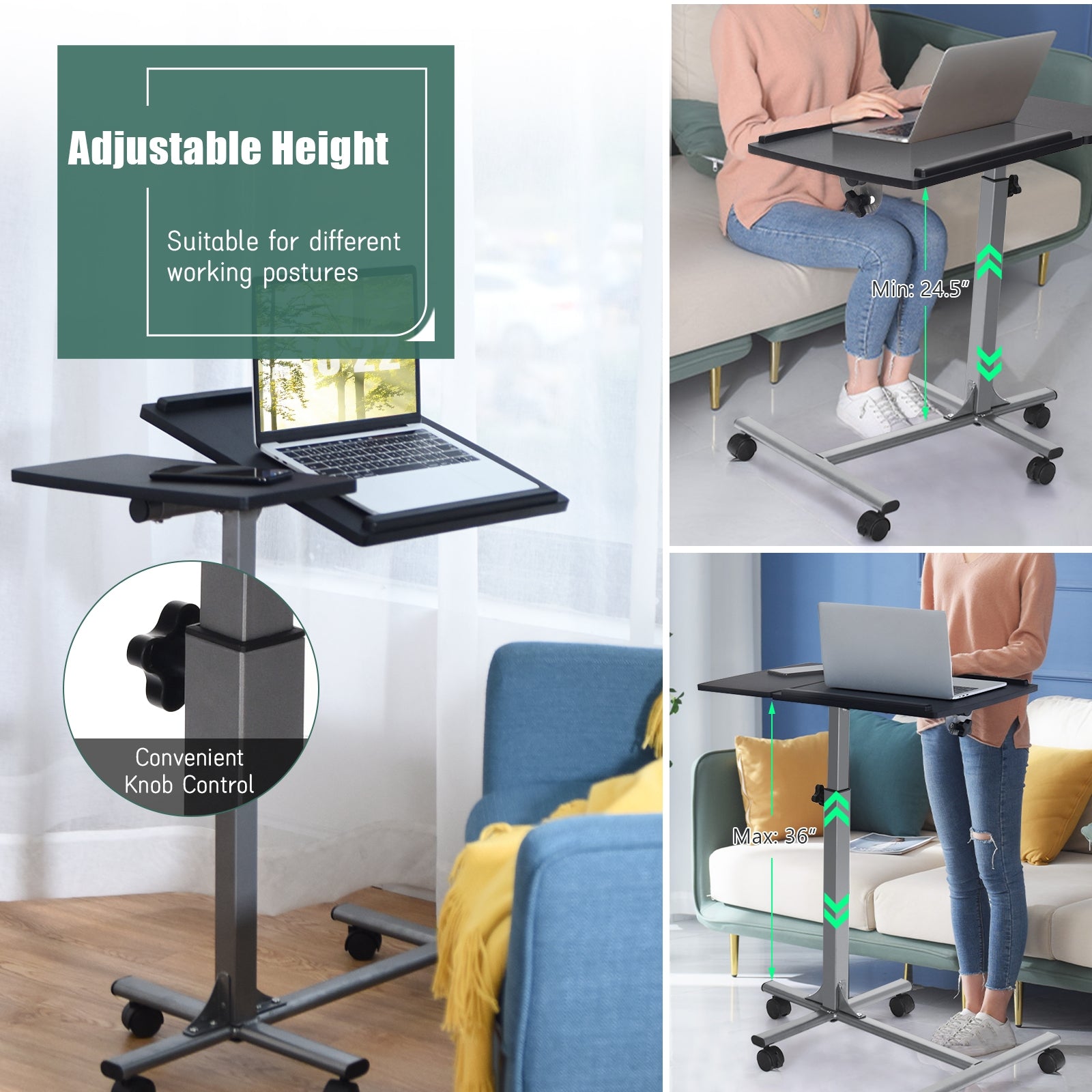Adjustable Angle Height Rolling Laptop TableÂ