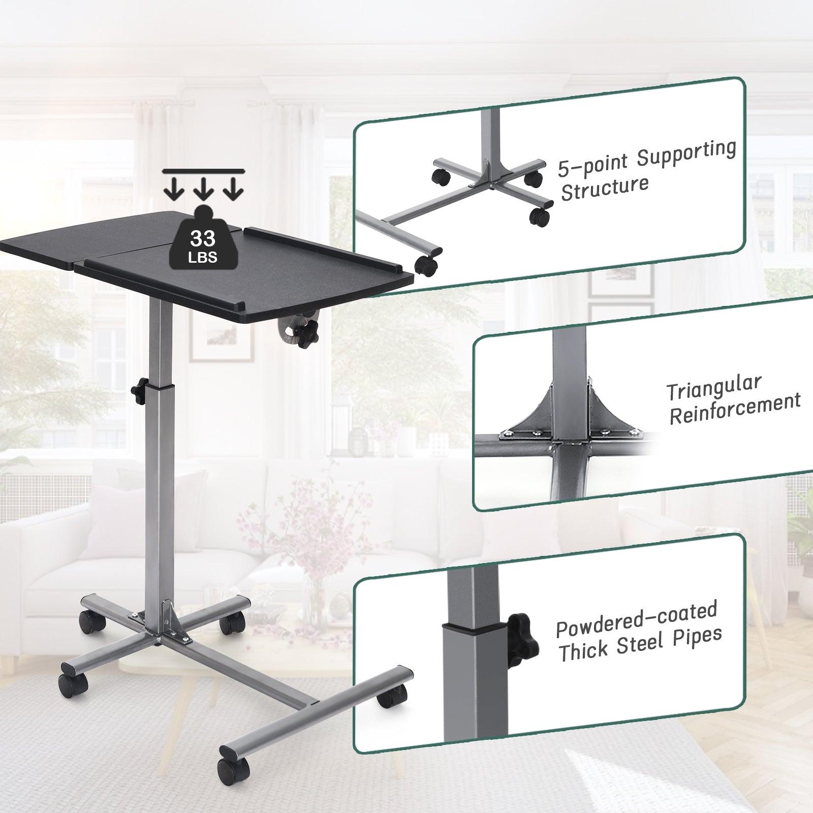 Adjustable Angle Height Rolling Laptop TableÂ