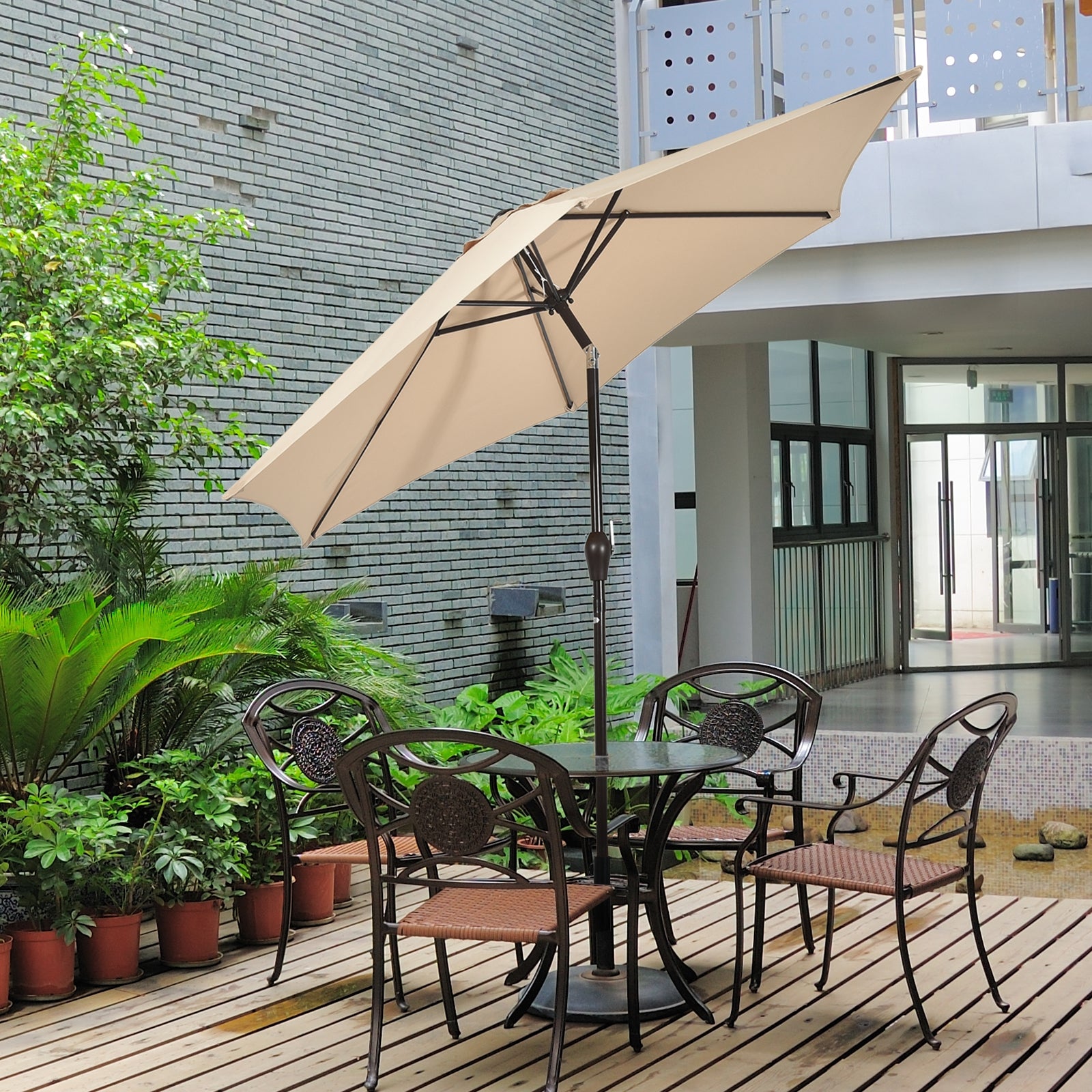 10FT Patio Umbrella 6 Ribs Market Steel Tilt W/ Crank Outdoor Garden without Weight Base-beigeÂ