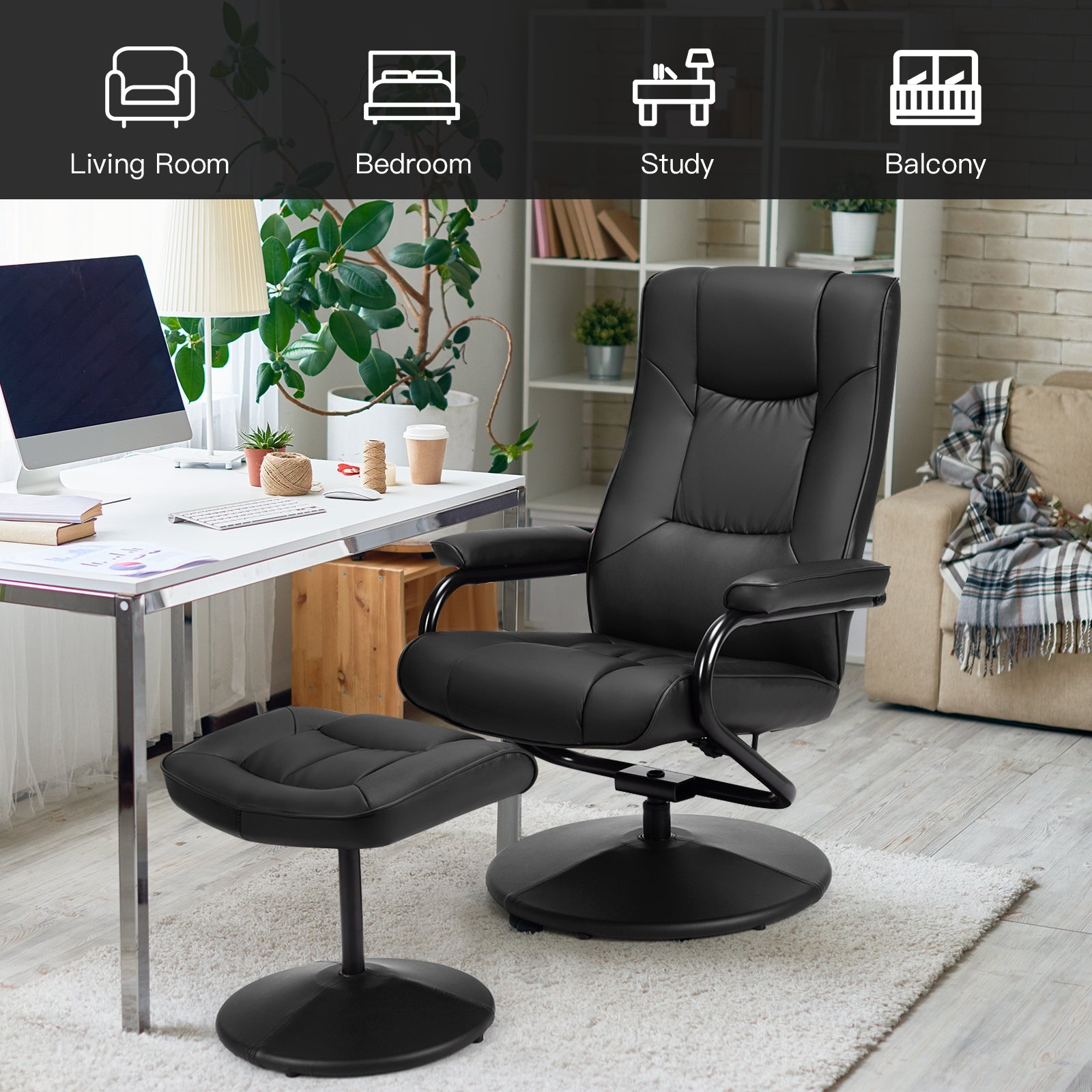 Swivel Lounge Chair Recliner with Ottoman-BlackÂ
