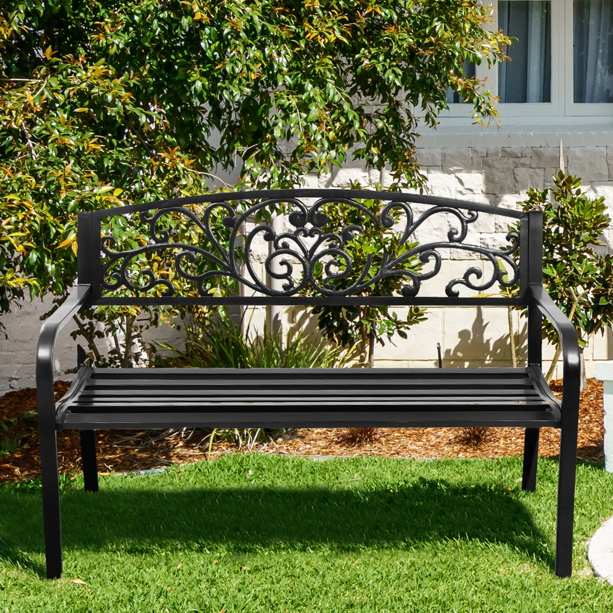 50 Inch Patio Park Steel Frame Cast Iron Backrest Bench Porch ChairÂ