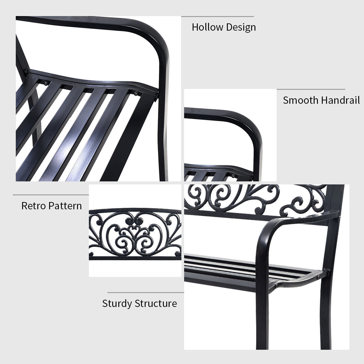 50 Inch Patio Park Steel Frame Cast Iron Backrest Bench Porch ChairÂ
