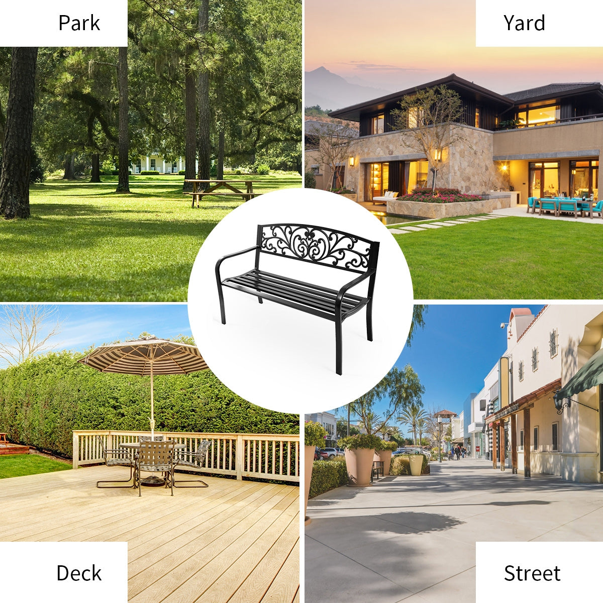 50 Inch Patio Park Steel Frame Cast Iron Backrest Bench Porch ChairÂ