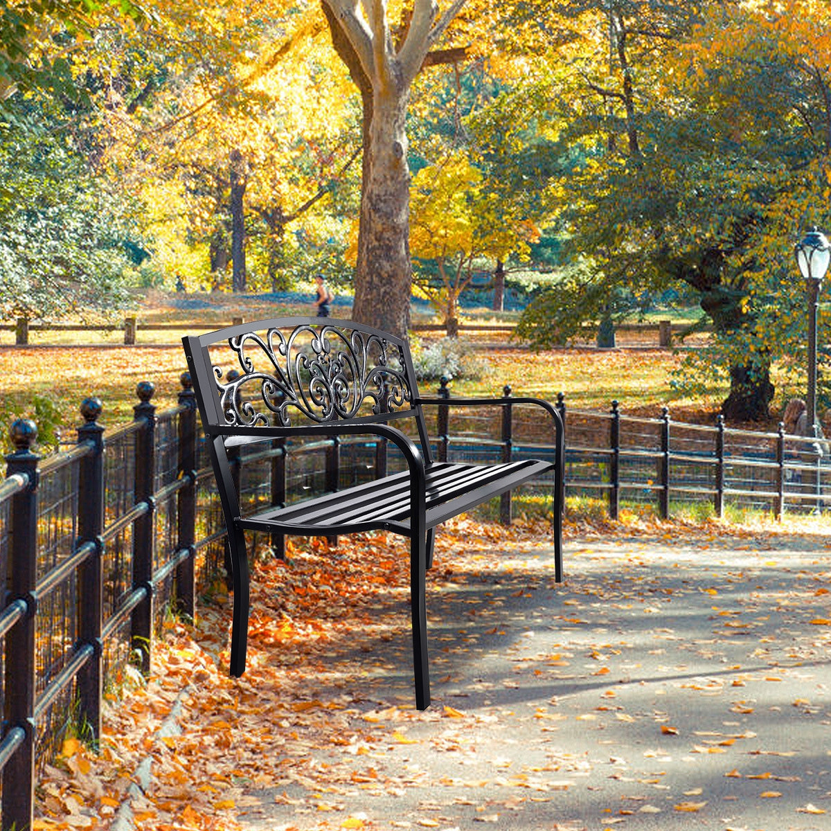 50 Inch Patio Park Steel Frame Cast Iron Backrest Bench Porch ChairÂ