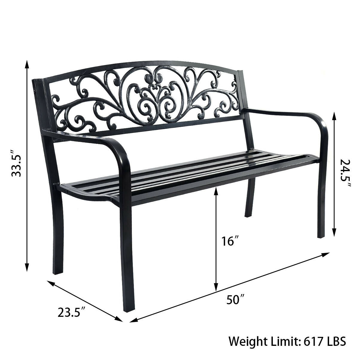 50 Inch Patio Park Steel Frame Cast Iron Backrest Bench Porch ChairÂ