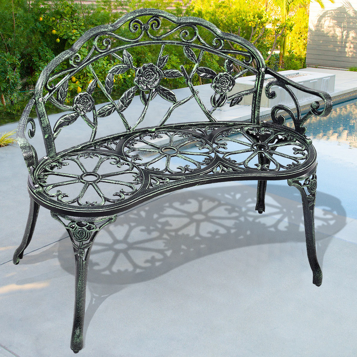 Outdoor Cast Aluminum Patio Bench Antique RoseÂ