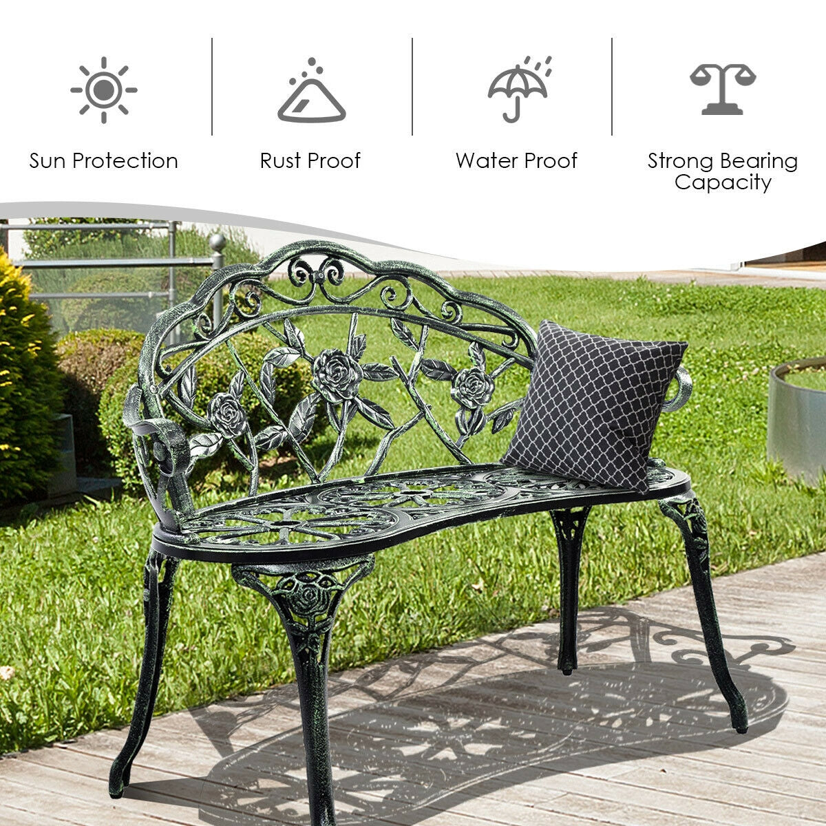 Outdoor Cast Aluminum Patio Bench Antique RoseÂ