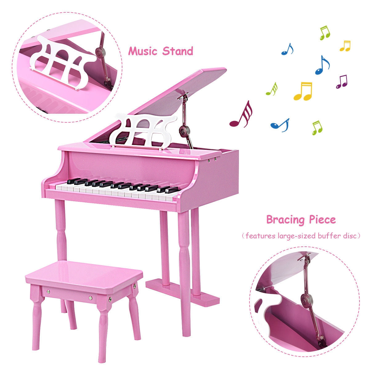 Musical Instrument Toy 30-Key Children Mini Grand Piano with Bench-PinkÂ