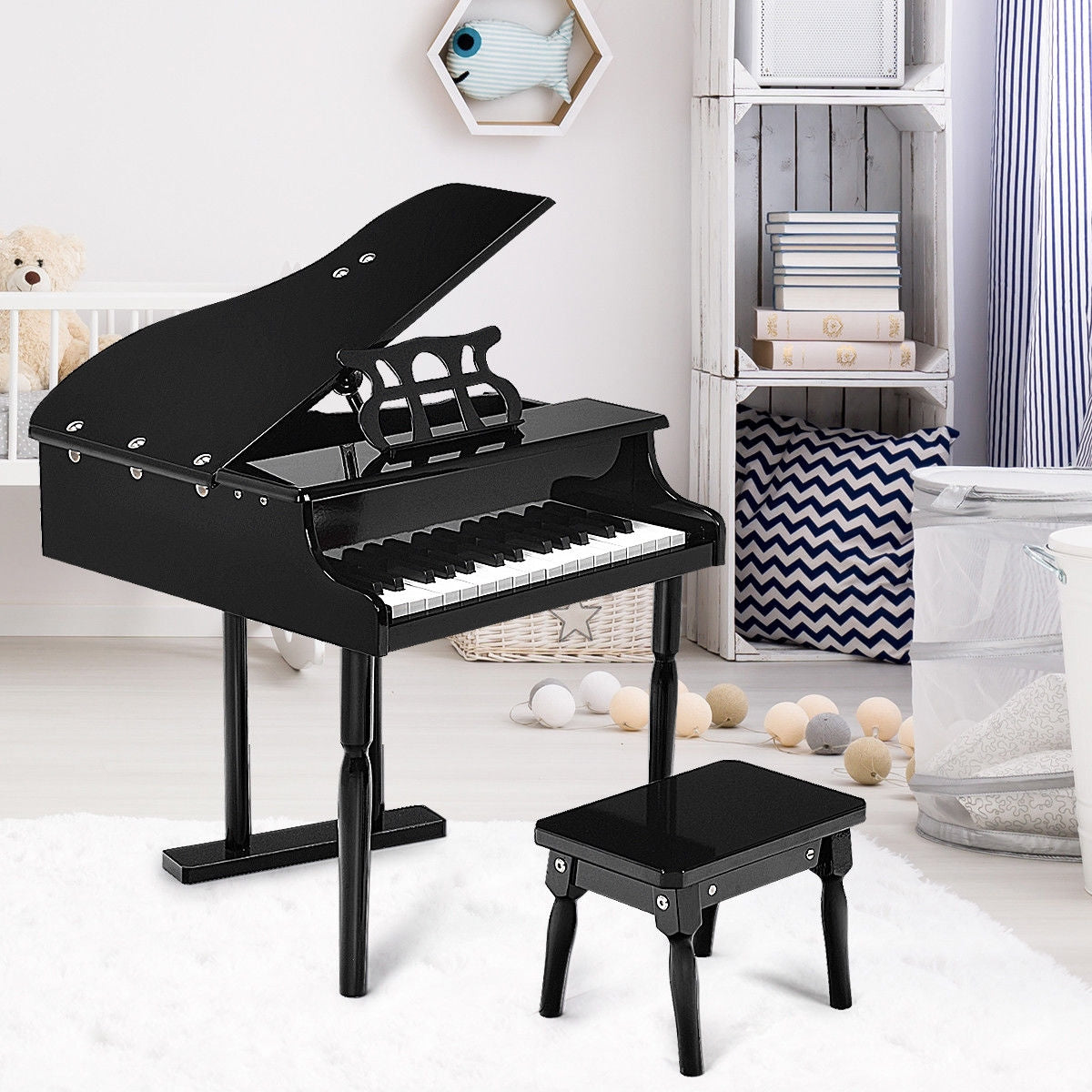 Musical Instrument Toy 30-Key Children Mini Grand Piano with Bench-BlackÂ