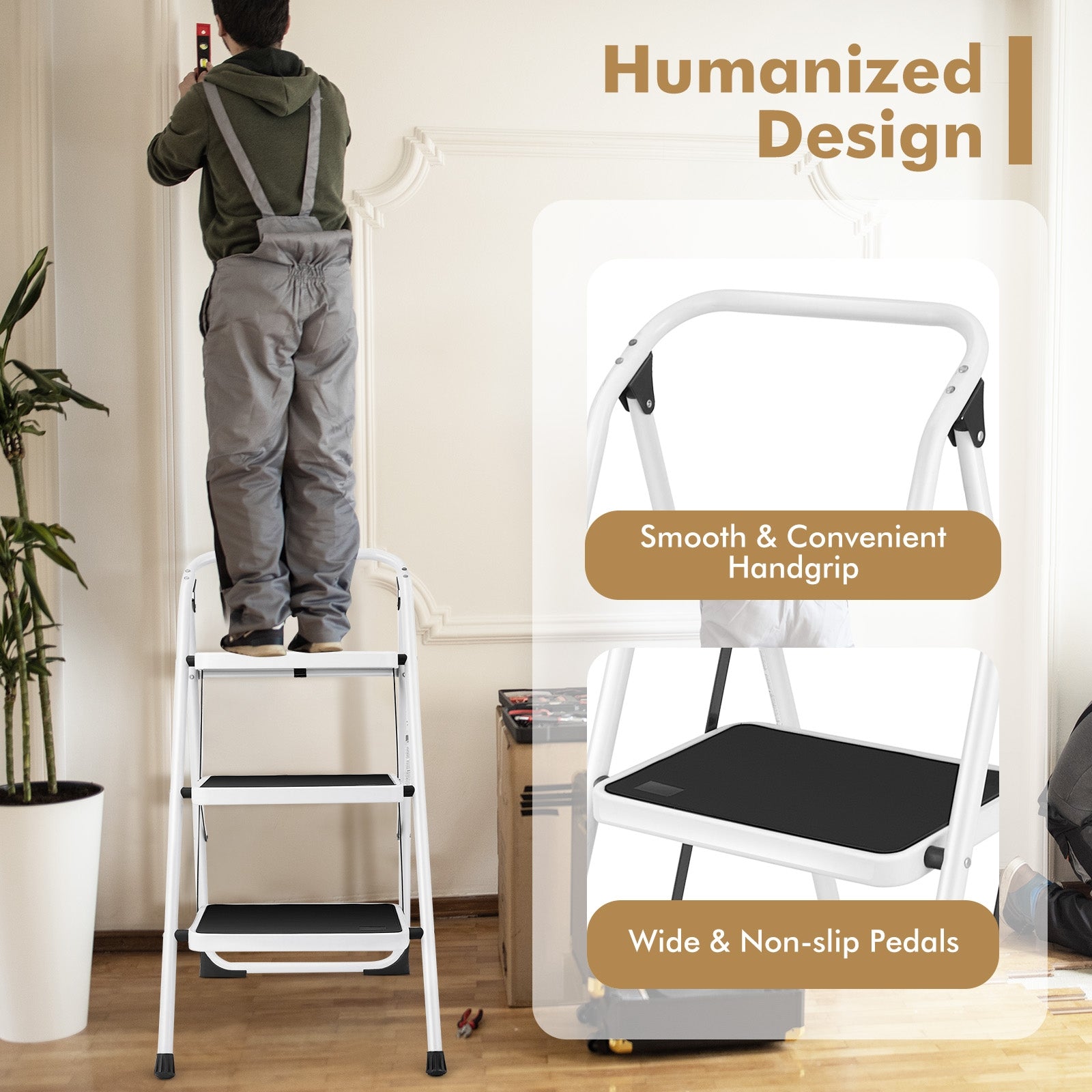 Folding 3-Step Ladder with Handgrip and Anti-Slip PlatformÂ