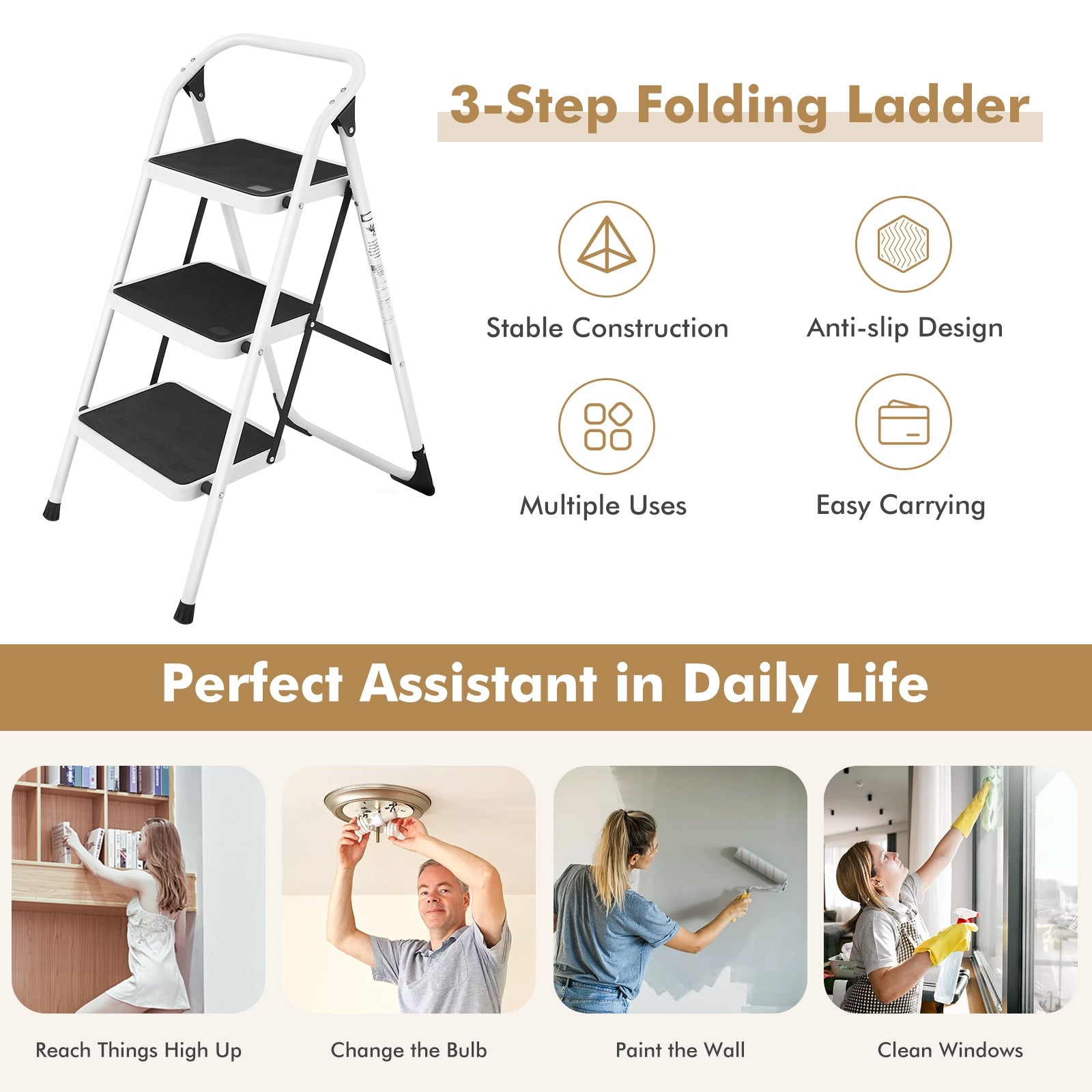 Folding 3-Step Ladder with Handgrip and Anti-Slip PlatformÂ