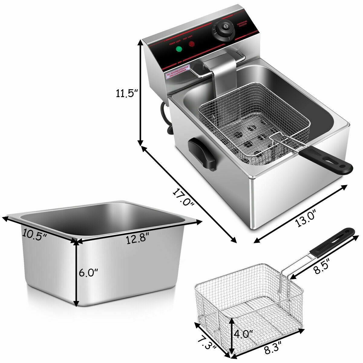 1700W Single Electric Deep Fryer with Basket Scoop UnitÂ