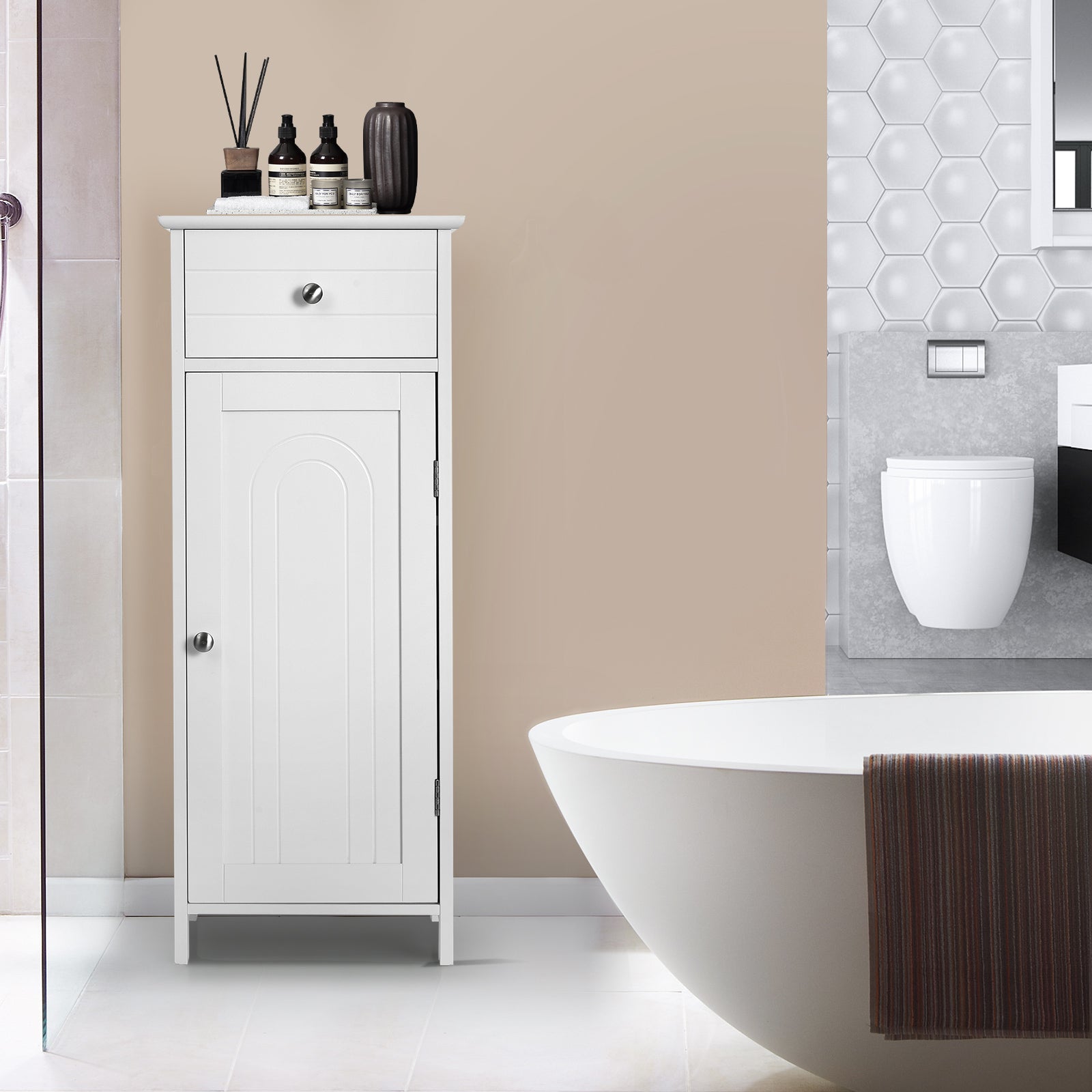 Wooden Storage Free-Standing Floor Cabinet with Drawer and Shelf-WhiteÂ