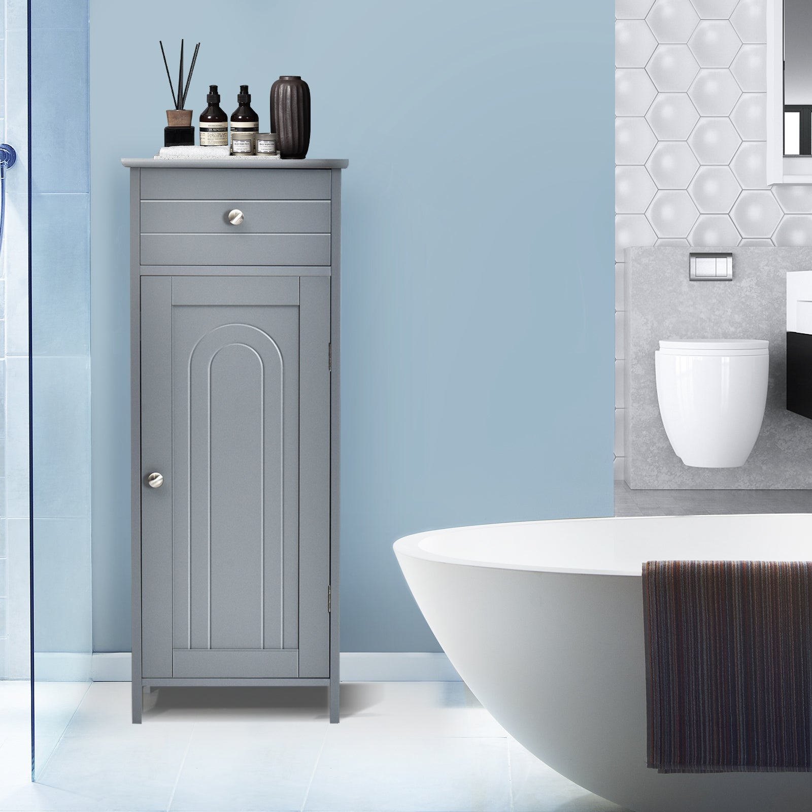 Wooden Storage Free-Standing Floor Cabinet with Drawer and Shelf-GrayÂ