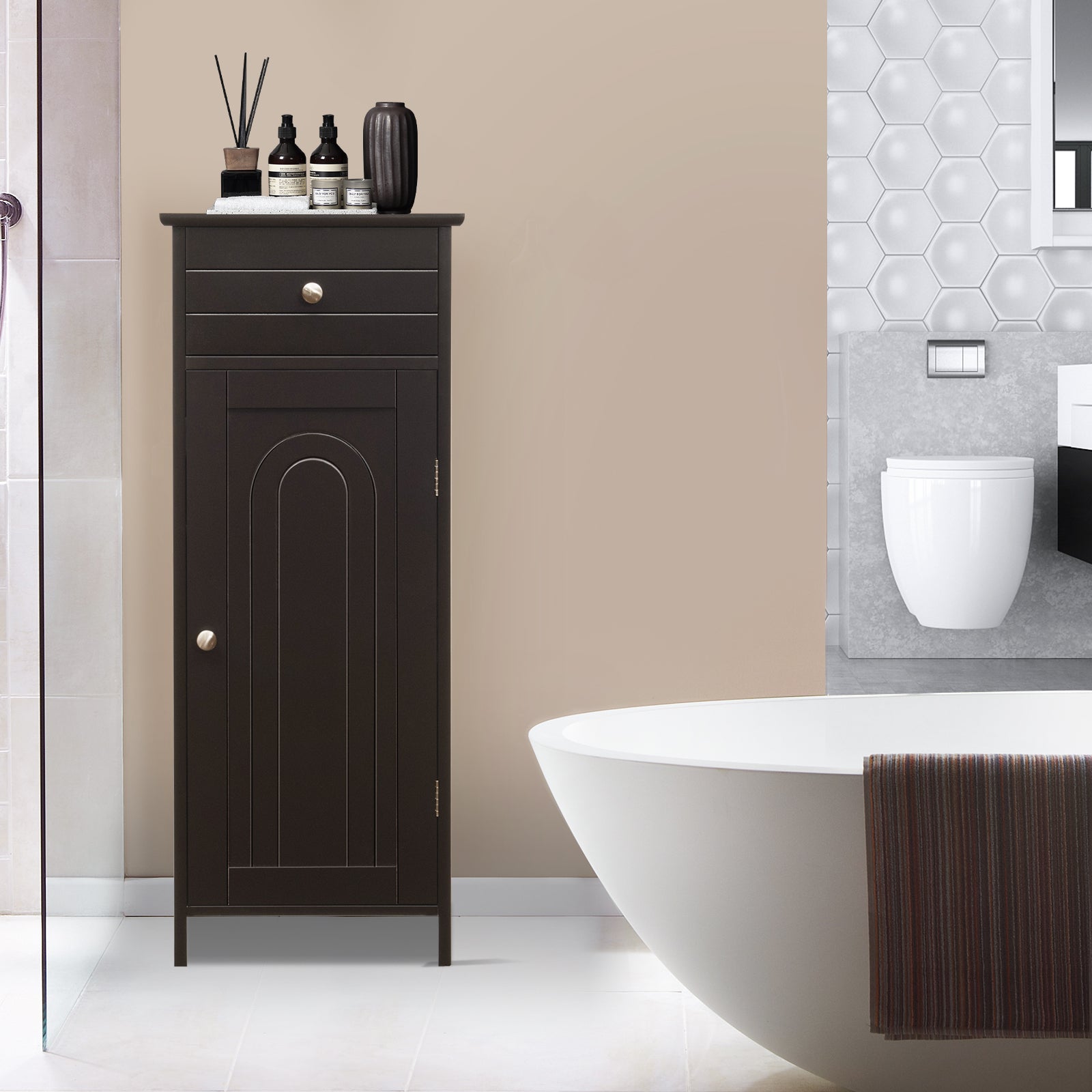 Wooden Storage Free-Standing Floor Cabinet with Drawer and Shelf-BrownÂ