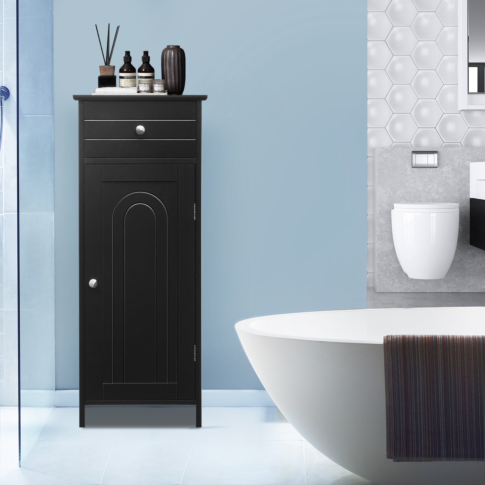 Wooden Storage Free-Standing Floor Cabinet with Drawer and Shelf-BlackÂ