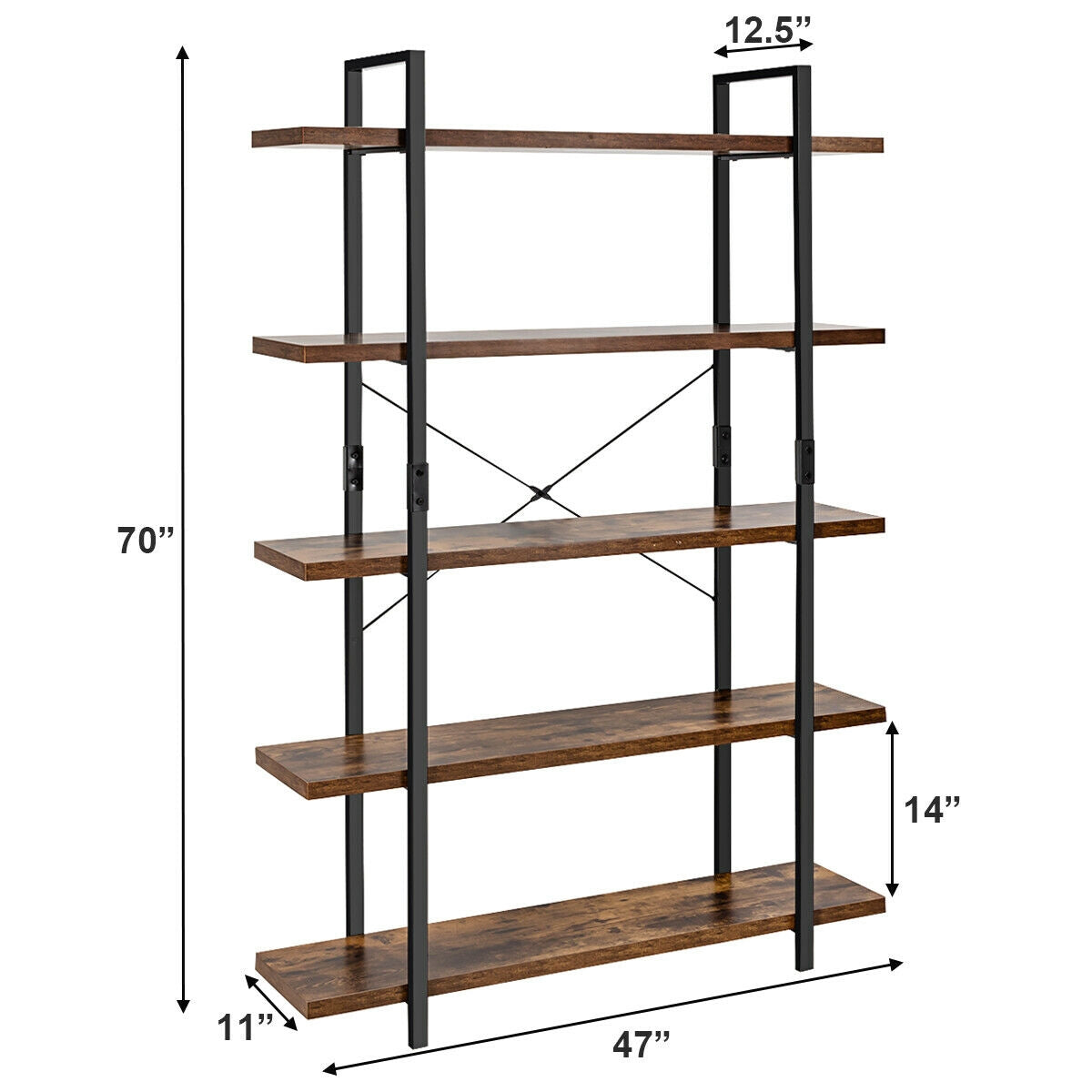 3/5 Tiers Industrial Bookcase with Metal Frame for Home Office-5-TierÂ