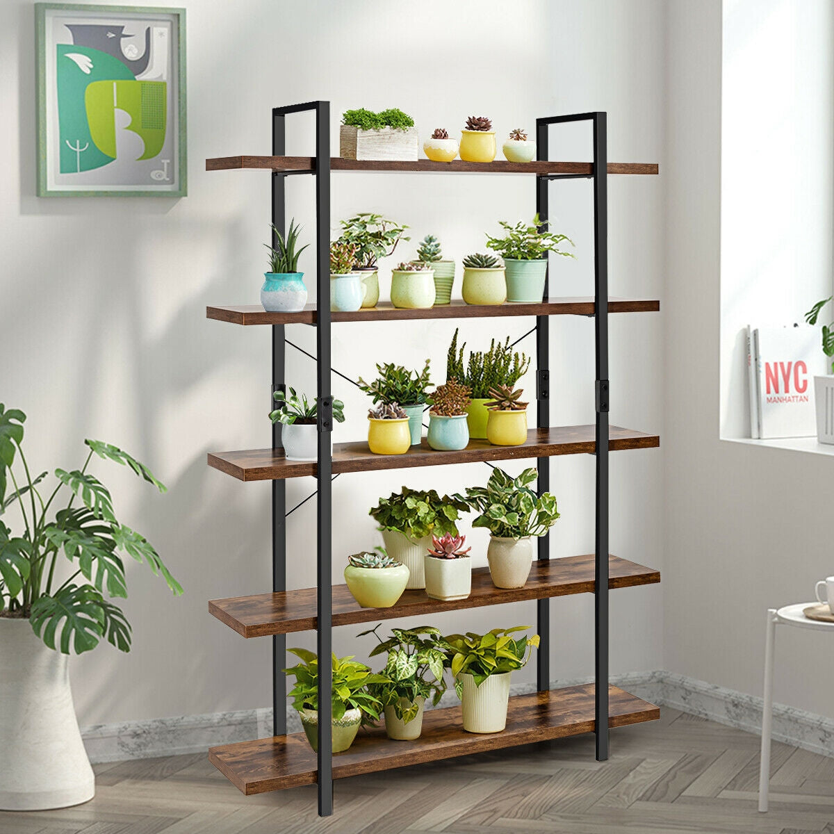 3/5 Tiers Industrial Bookcase with Metal Frame for Home Office-5-TierÂ