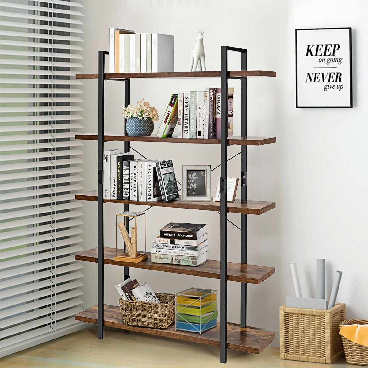3/5 Tiers Industrial Bookcase with Metal Frame for Home Office-5-TierÂ