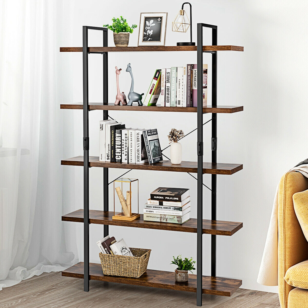 3/5 Tiers Industrial Bookcase with Metal Frame for Home Office-5-TierÂ
