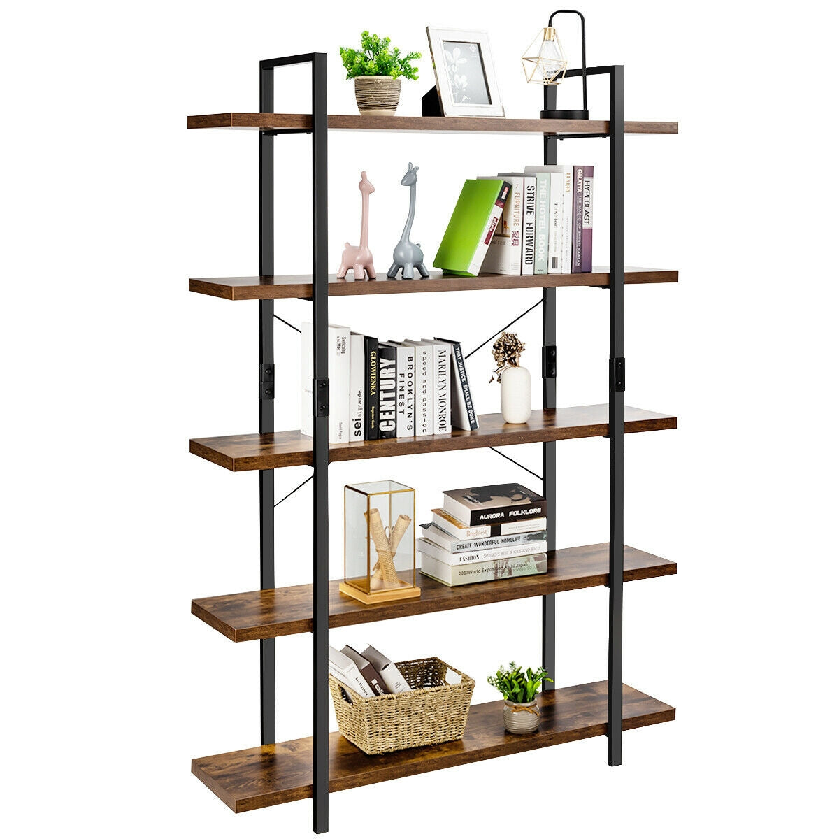 3/5 Tiers Industrial Bookcase with Metal Frame for Home Office-5-TierÂ