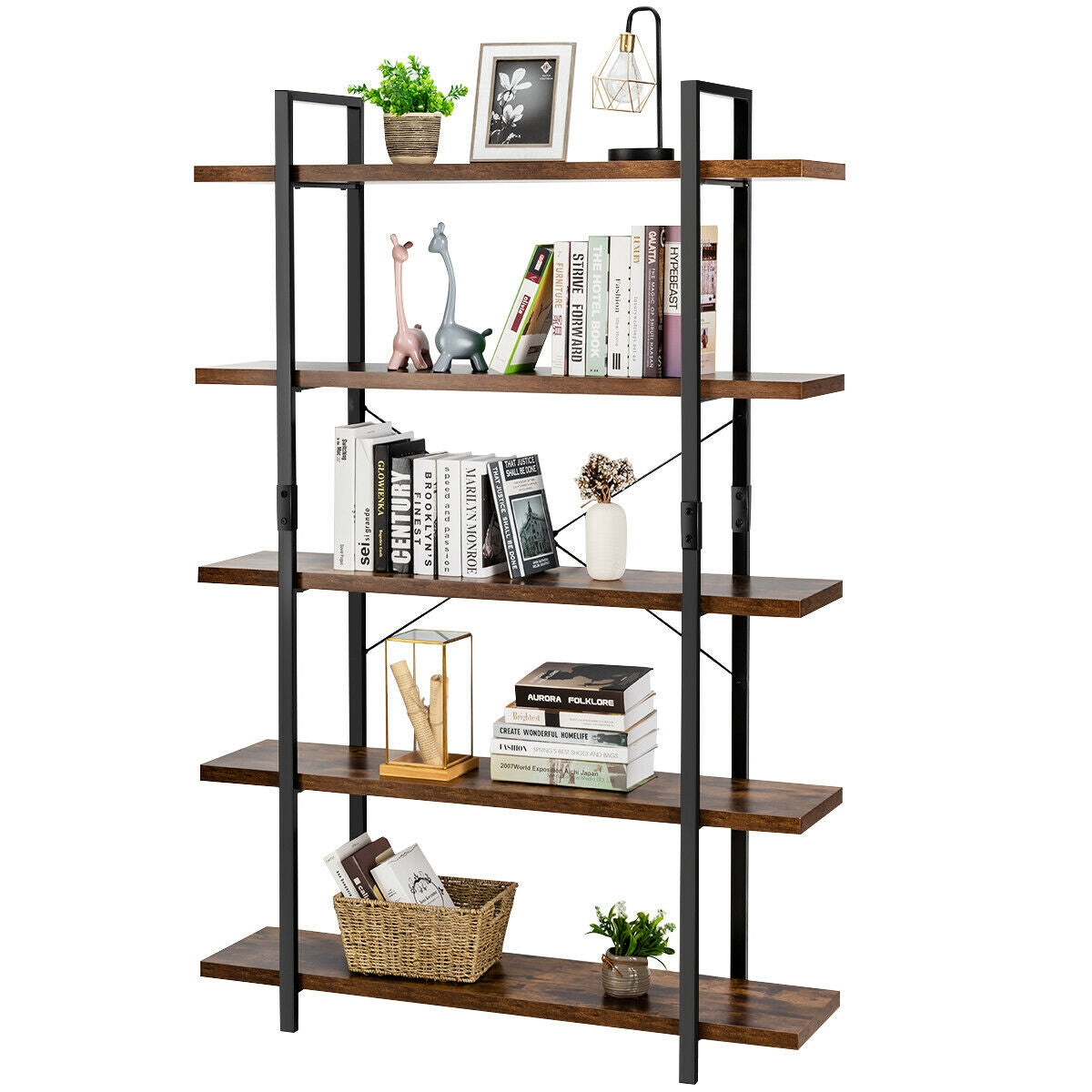 3/5 Tiers Industrial Bookcase with Metal Frame for Home Office-5-TierÂ