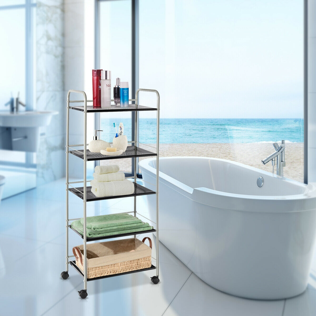 5-Tier Kitchen Rolling Utility Microwave Rack Cart with Lockable CastersÂ