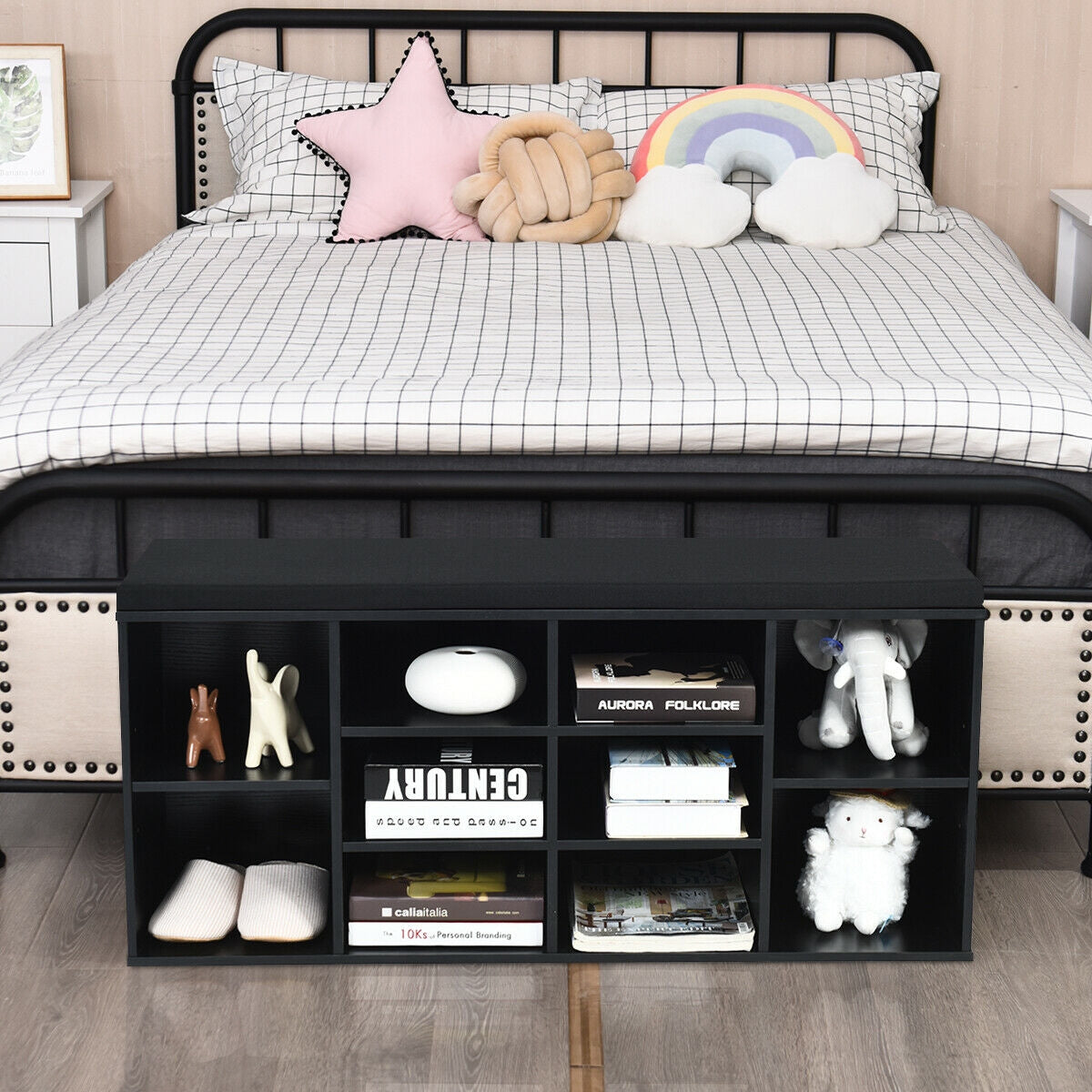 10-Cube Organizer Entryway Padded Shoe Storage Bench-BlackÂ
