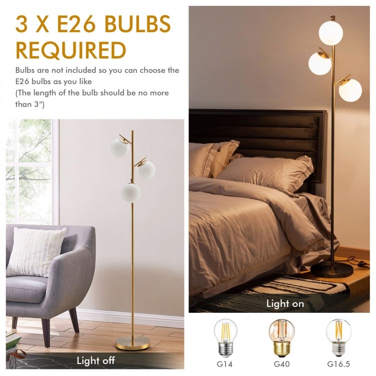 3-Globe Floor Lamp with Foot Switch and Bulb Bases-Golden