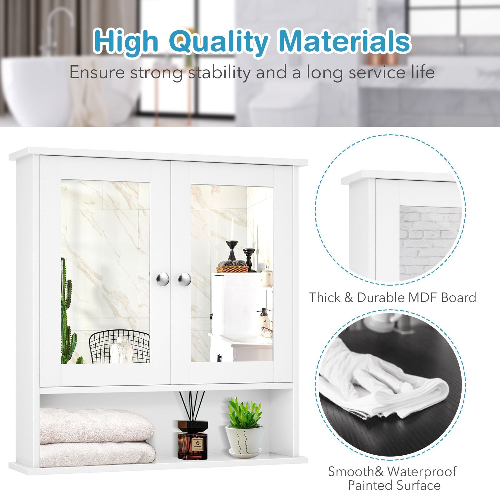 Bathroom Wall Cabinet with Double Mirror Doors-WhiteÂ