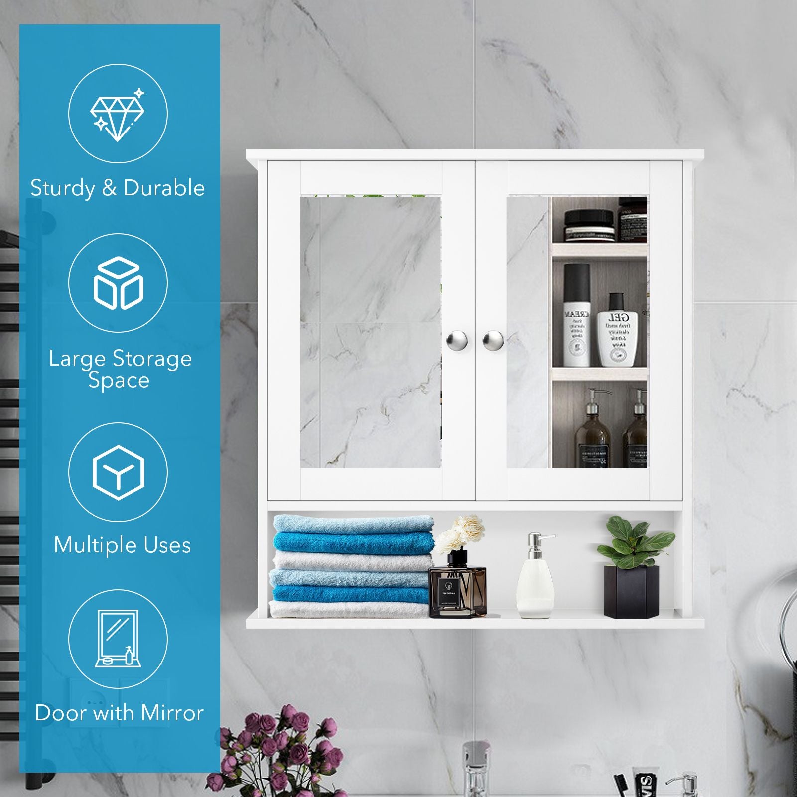 Bathroom Wall Cabinet with Double Mirror Doors-WhiteÂ