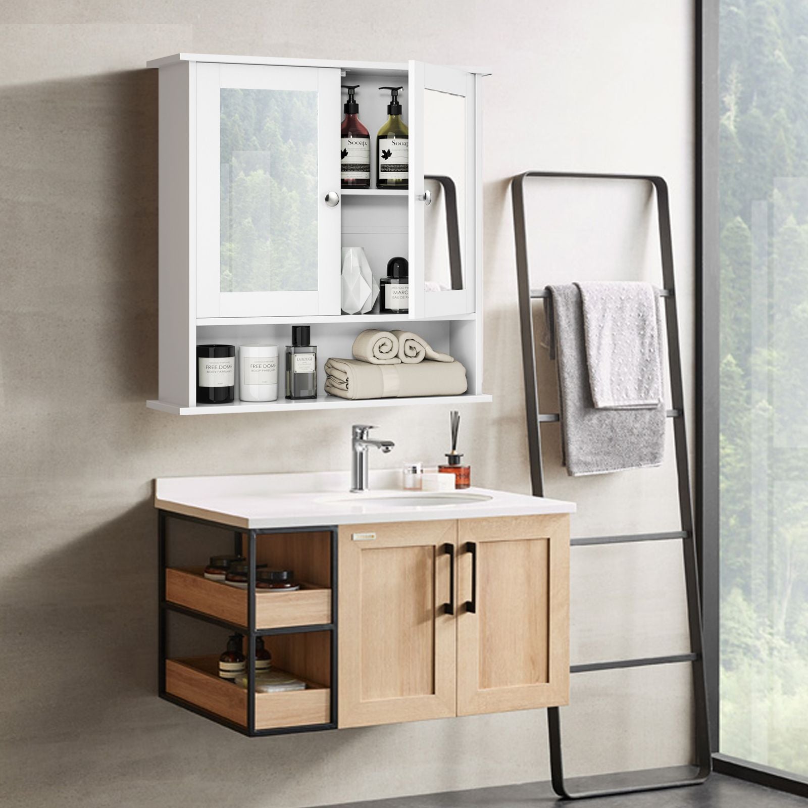 Bathroom Wall Cabinet with Double Mirror Doors-WhiteÂ