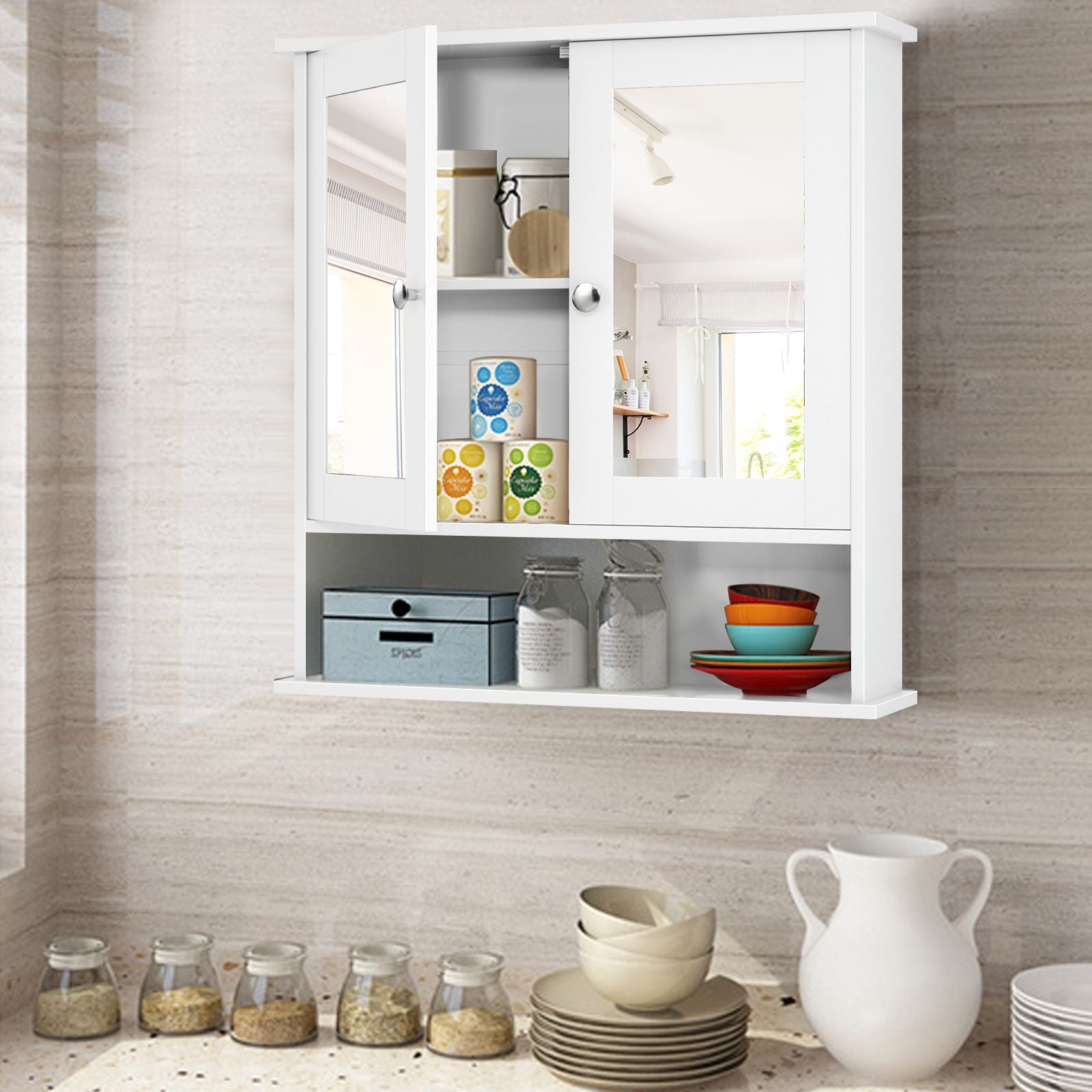 Bathroom Wall Cabinet with Double Mirror Doors-WhiteÂ