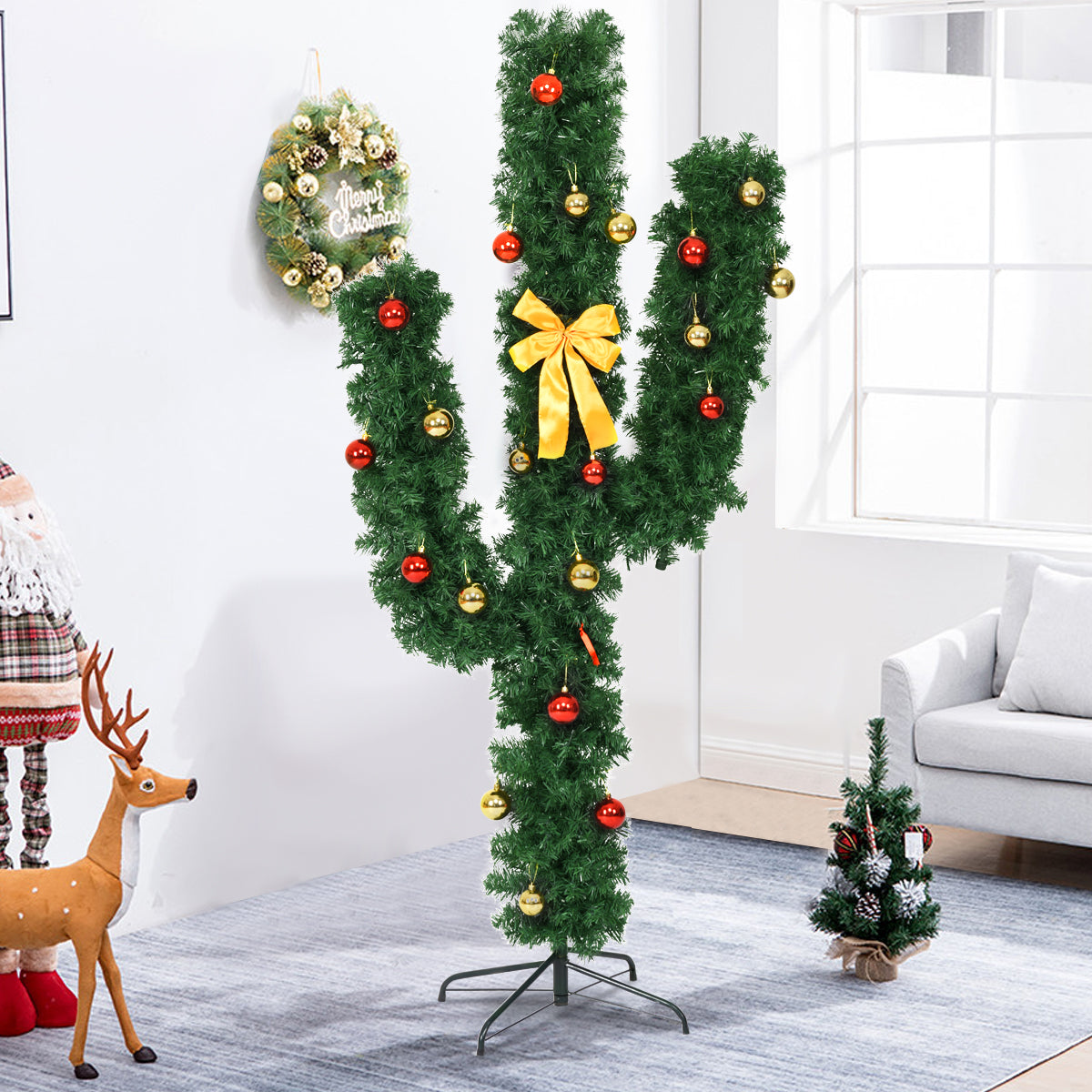 7 Feet Artificial Cactus PVC Christmas Tree with LED Lights and Ball Ornaments-7 ftÂ