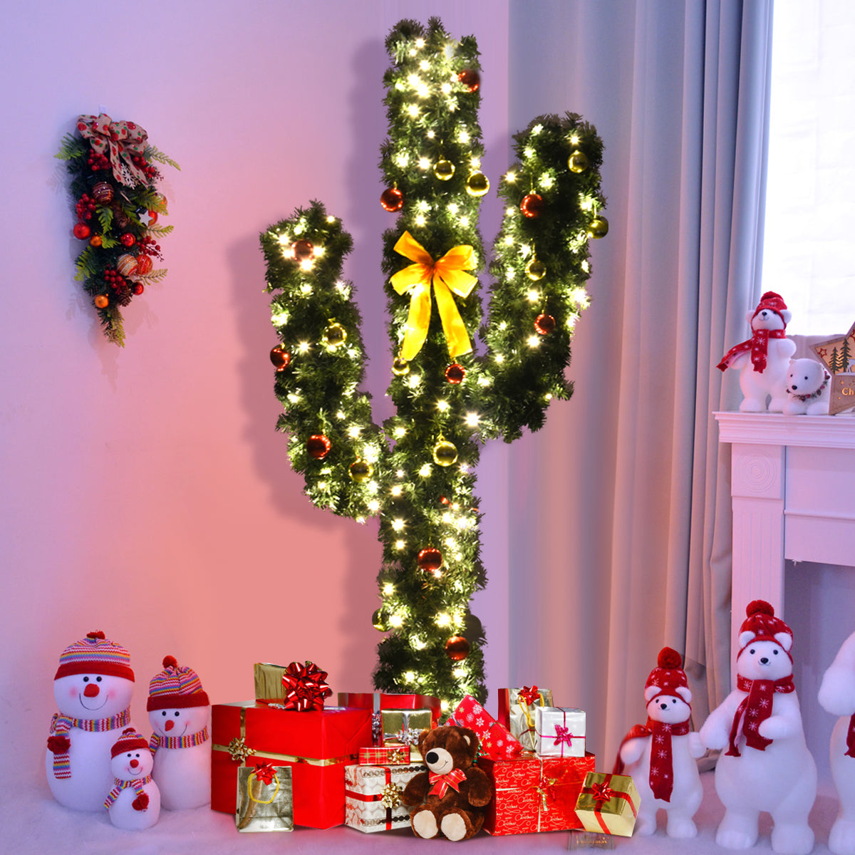 7 Feet Artificial Cactus PVC Christmas Tree with LED Lights and Ball Ornaments-7 ftÂ