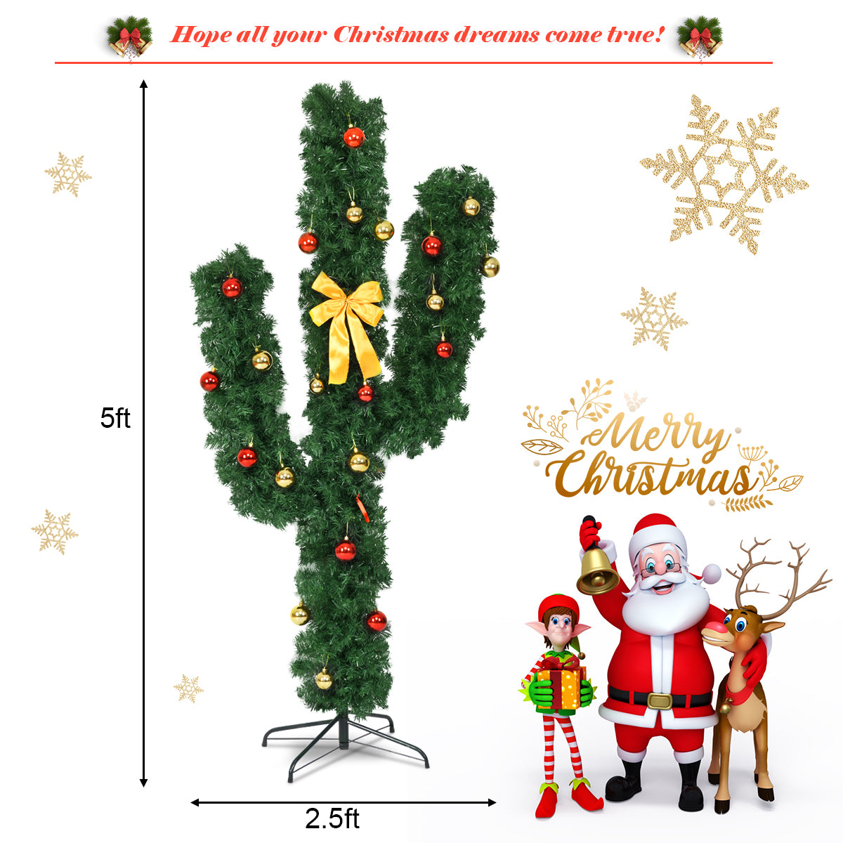 5 Feet Artificial Cactus PVC Christmas Tree with LED Lights and Ball Ornaments-5 ftÂ