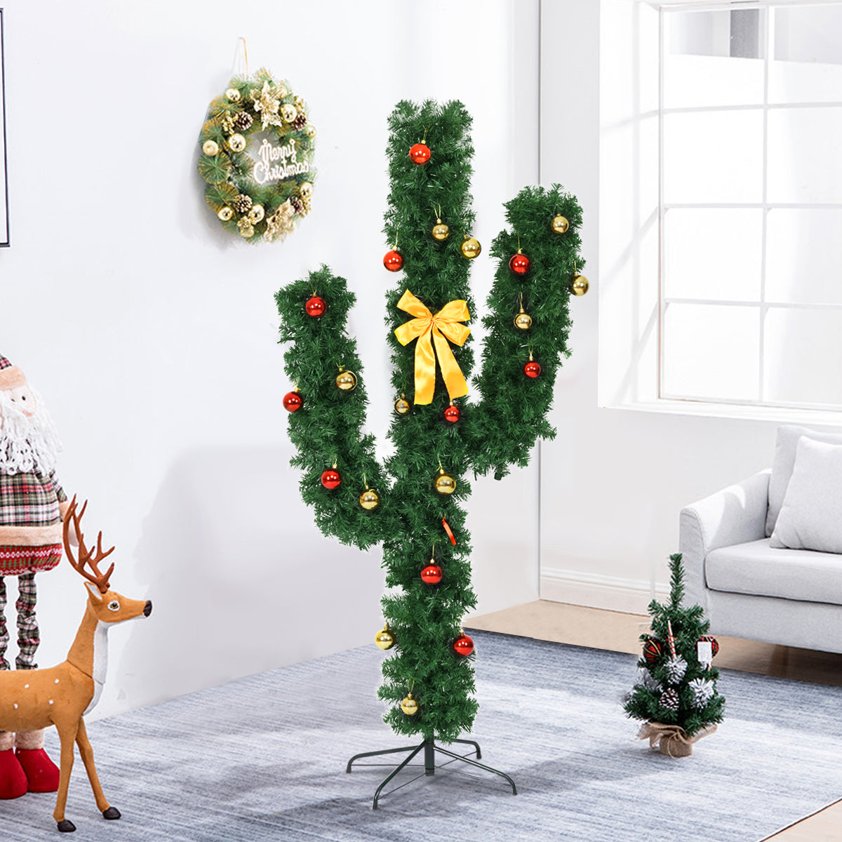 5 Feet Artificial Cactus PVC Christmas Tree with LED Lights and Ball Ornaments-5 ftÂ