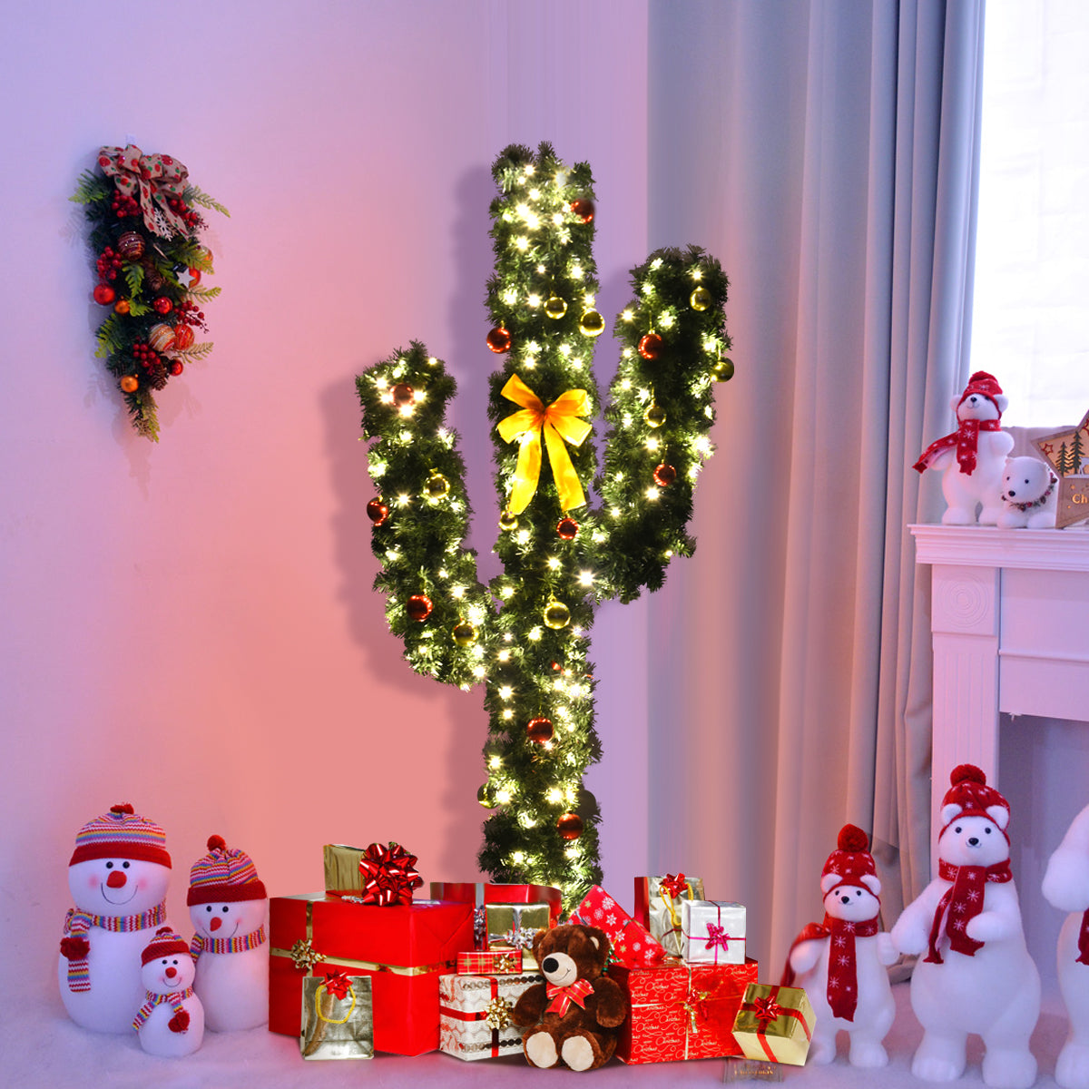 5 Feet Artificial Cactus PVC Christmas Tree with LED Lights and Ball Ornaments-5 ftÂ
