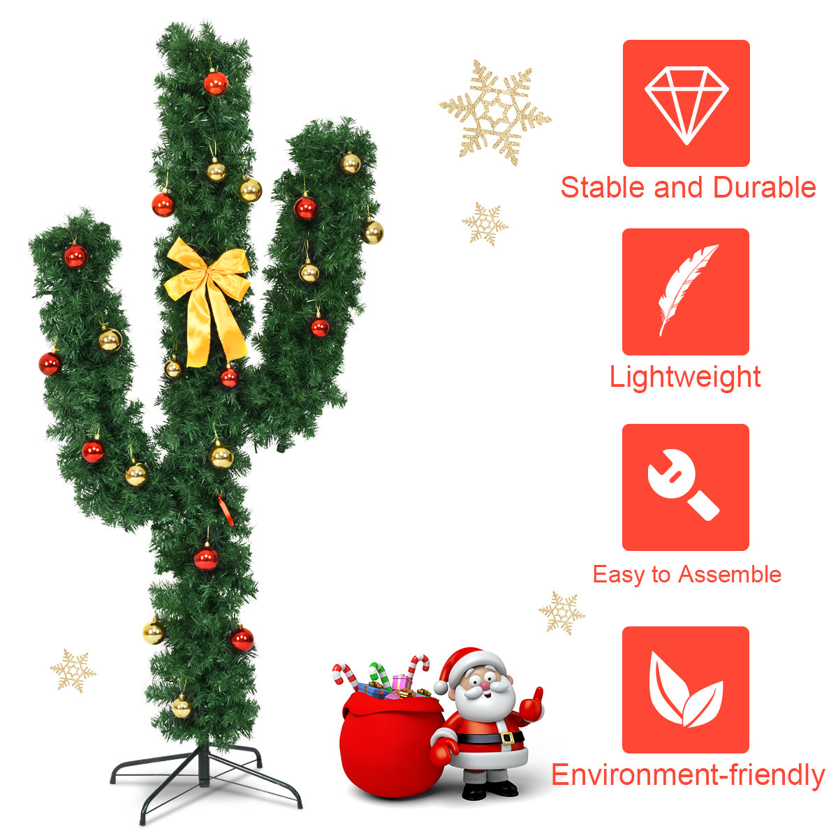 6 Feet Artificial Cactus PVC Christmas Tree with LED Lights and Ball Ornaments-6 ftÂ