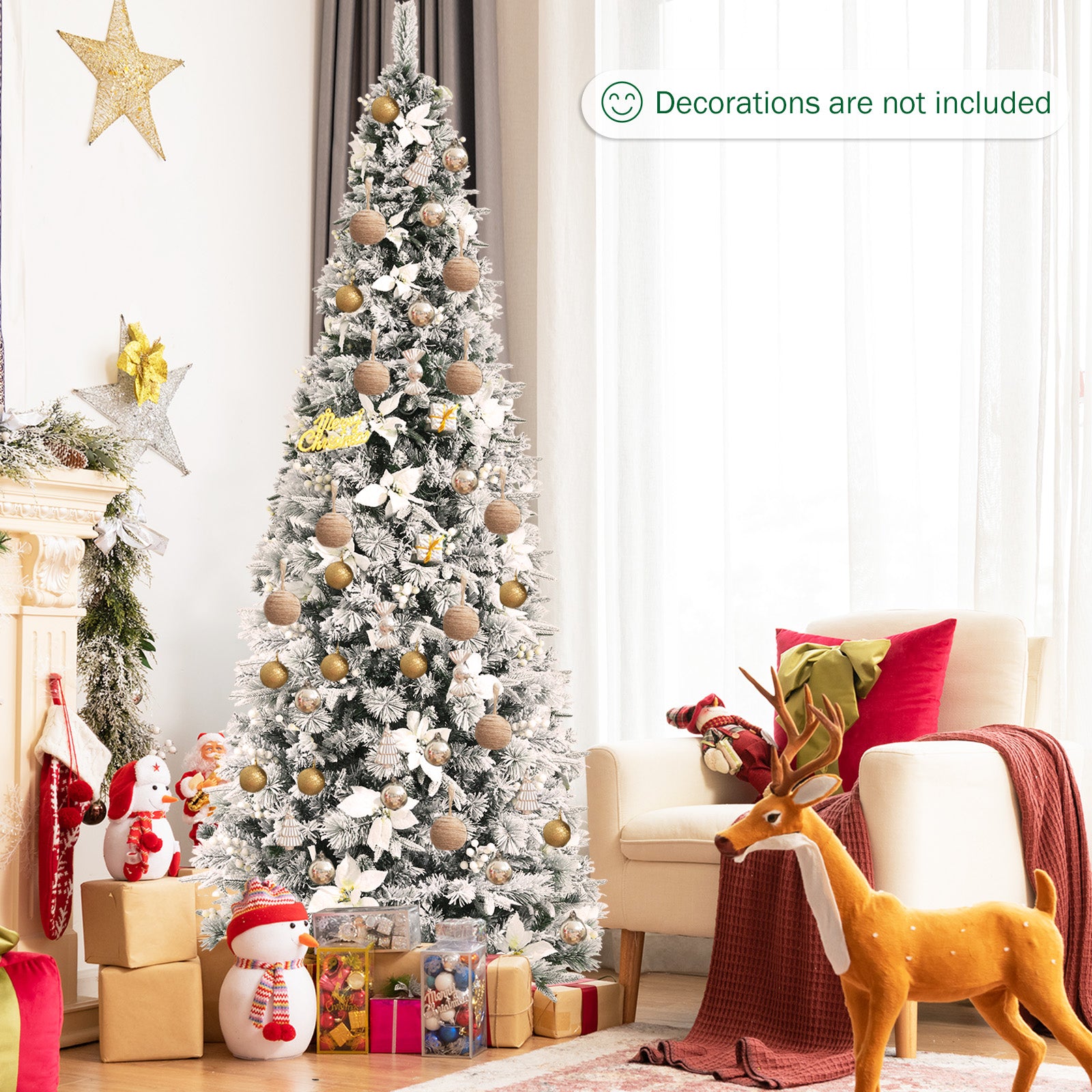 Snow Flocked Christmas Pencil Tree with Berries and Poinsettia Flowers- 8 ftÂ