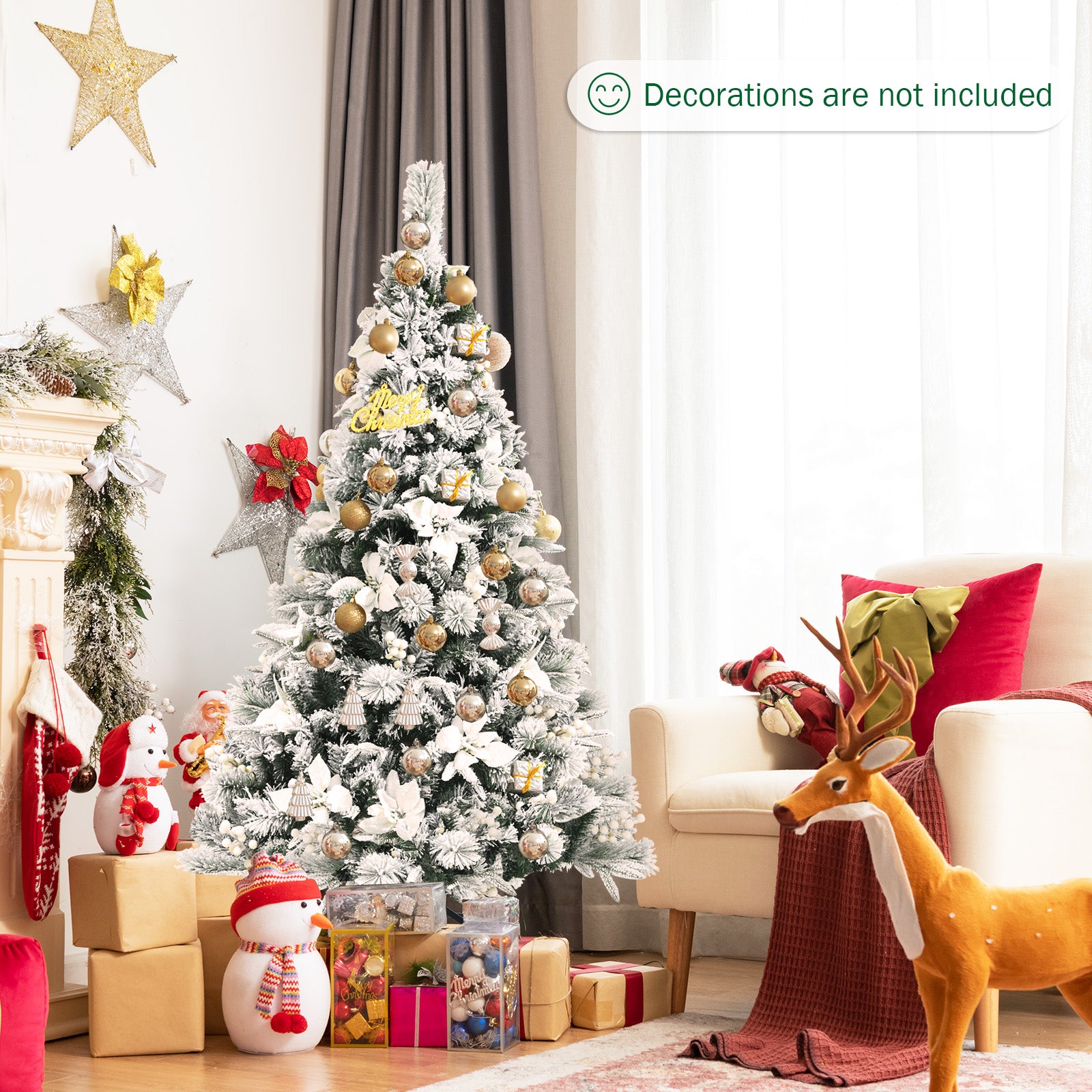 Snow Flocked Christmas Pencil Tree with Berries and Poinsettia Flowers-5'Â