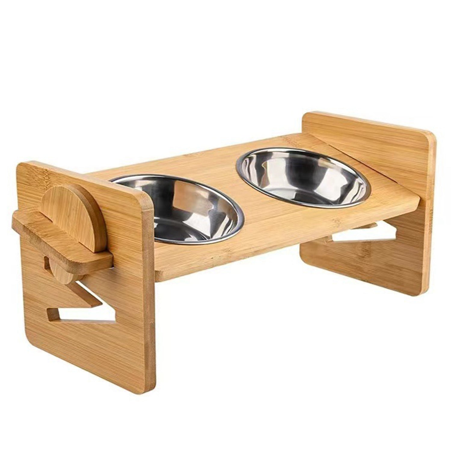 Bamboo Double Dog Raised Bowls 15° Tilt Elevated Dog Bowls with 4 Adjustable Heights 2 Stainless Steel Bowls Pet Feeder for Dogs Cats Rabbits