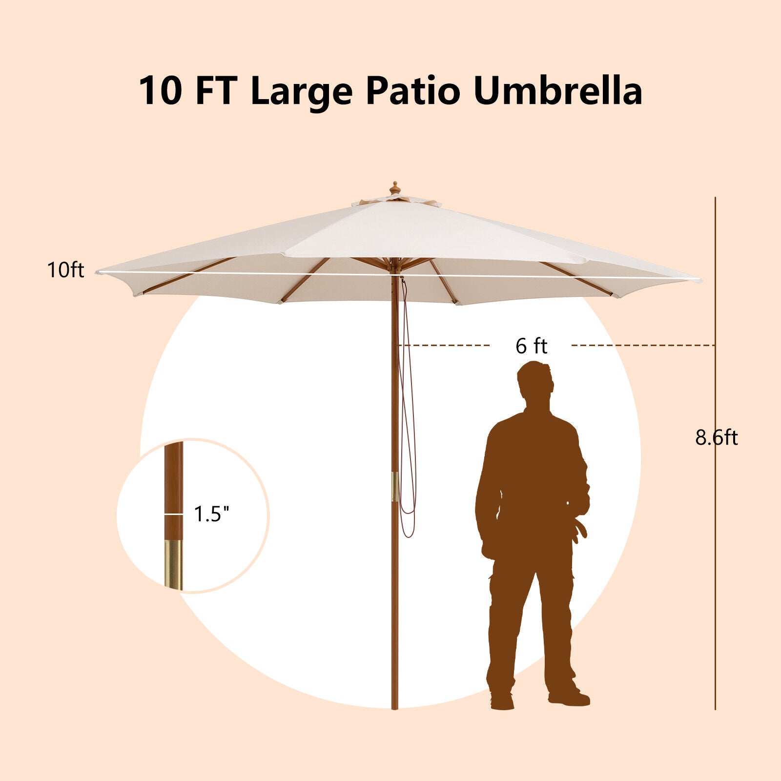 Adjustable 10 Feet Wooden Outdoor Umbrella Sunshade-BeigeÂ