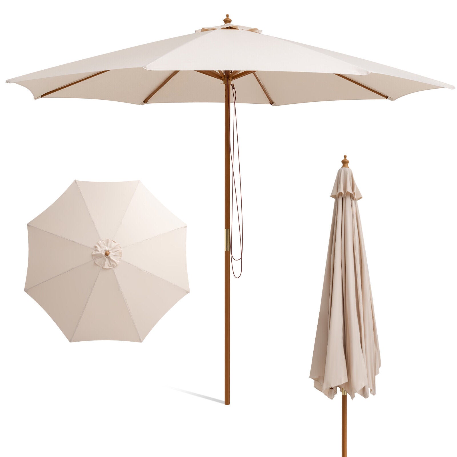 Adjustable 10 Feet Wooden Outdoor Umbrella Sunshade-BeigeÂ