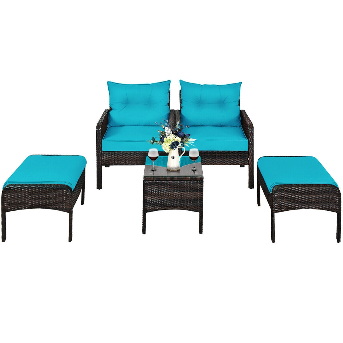 5 Pcs Patio Rattan Sofa Ottoman Furniture Set with Cushions-TurquoiseÂ