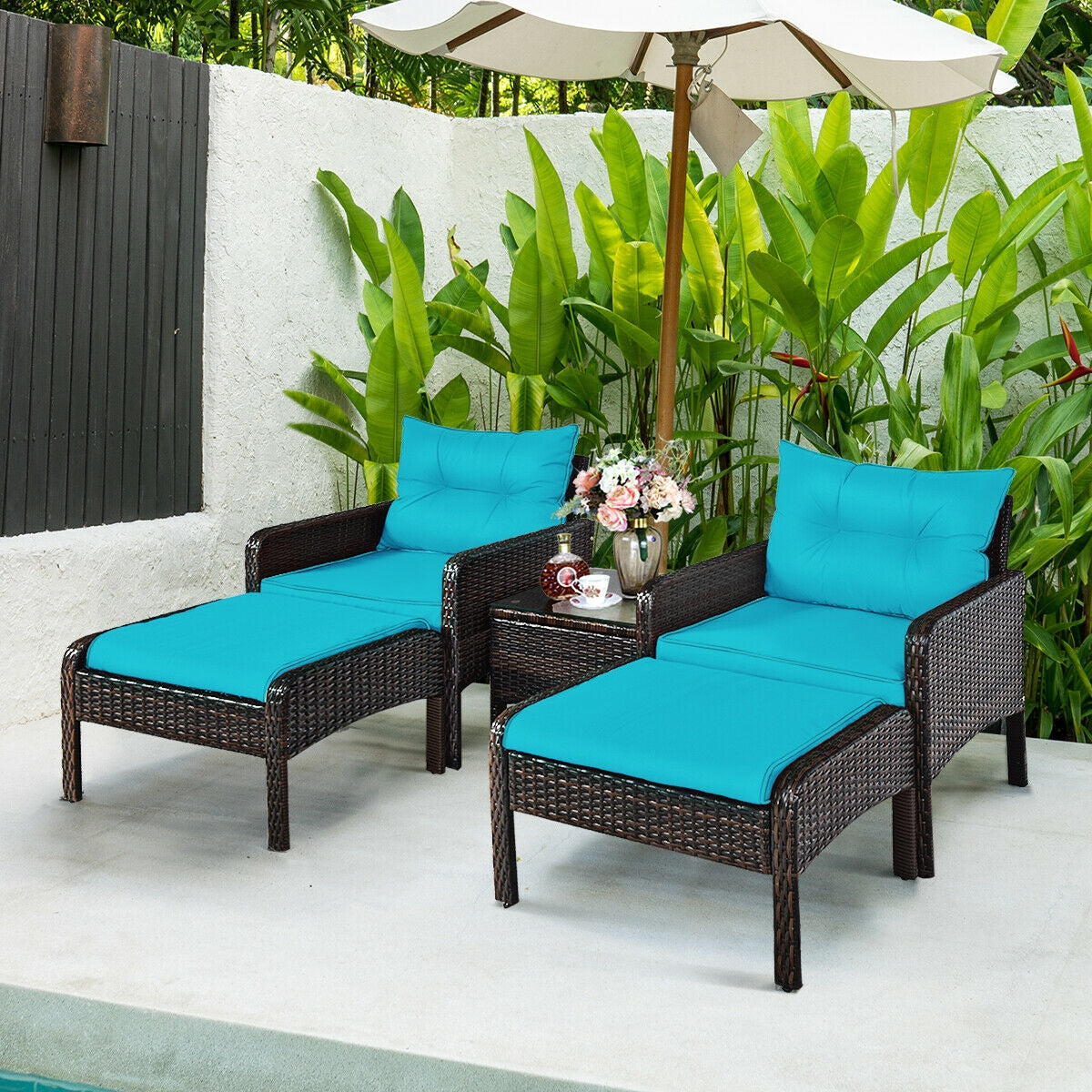 5 Pcs Patio Rattan Sofa Ottoman Furniture Set with Cushions-TurquoiseÂ