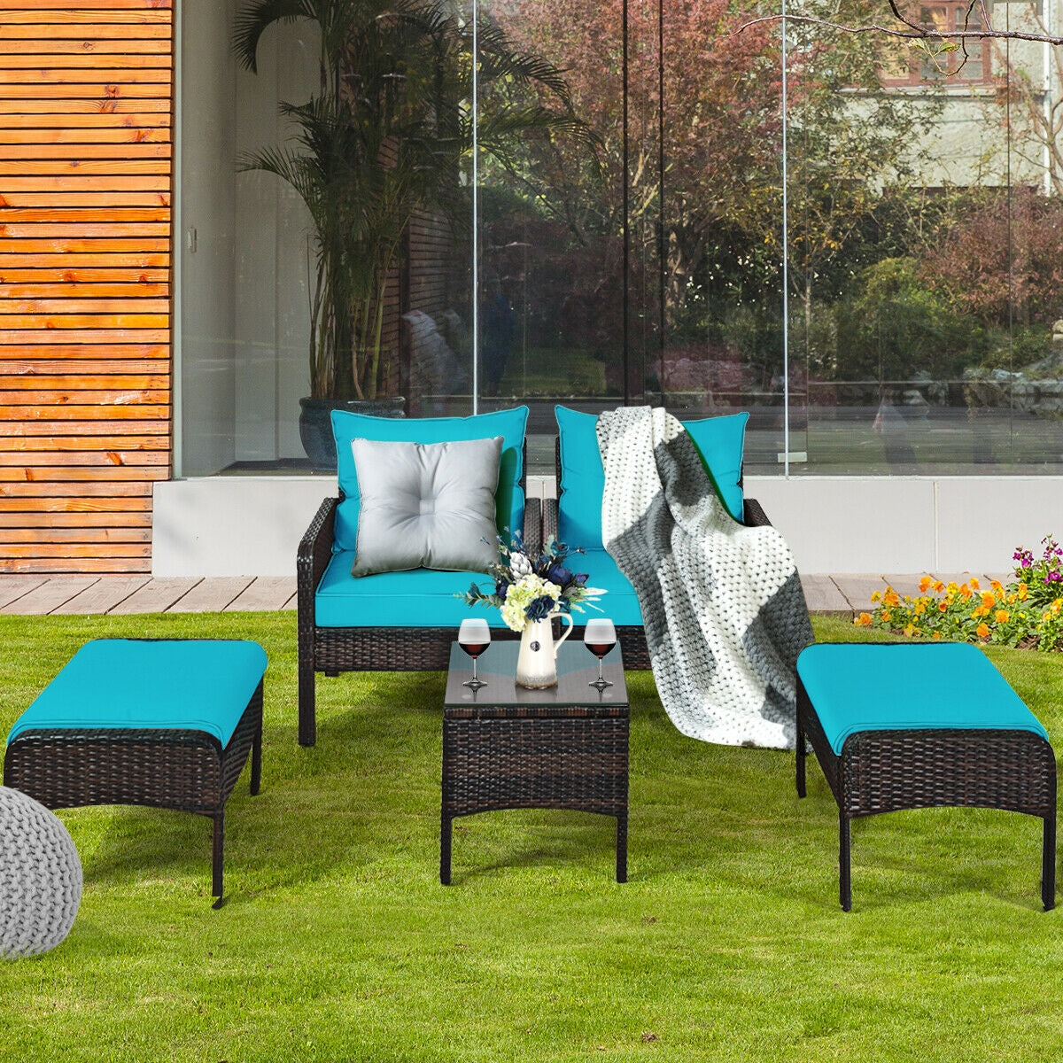 5 Pcs Patio Rattan Sofa Ottoman Furniture Set with Cushions-TurquoiseÂ