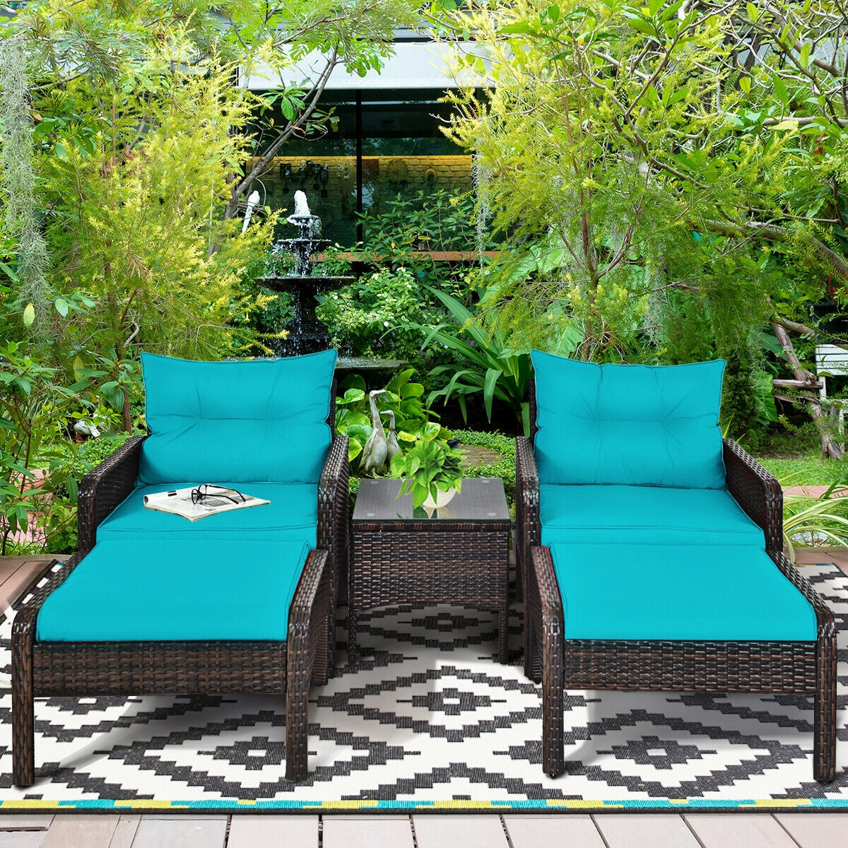 5 Pcs Patio Rattan Sofa Ottoman Furniture Set with Cushions-TurquoiseÂ
