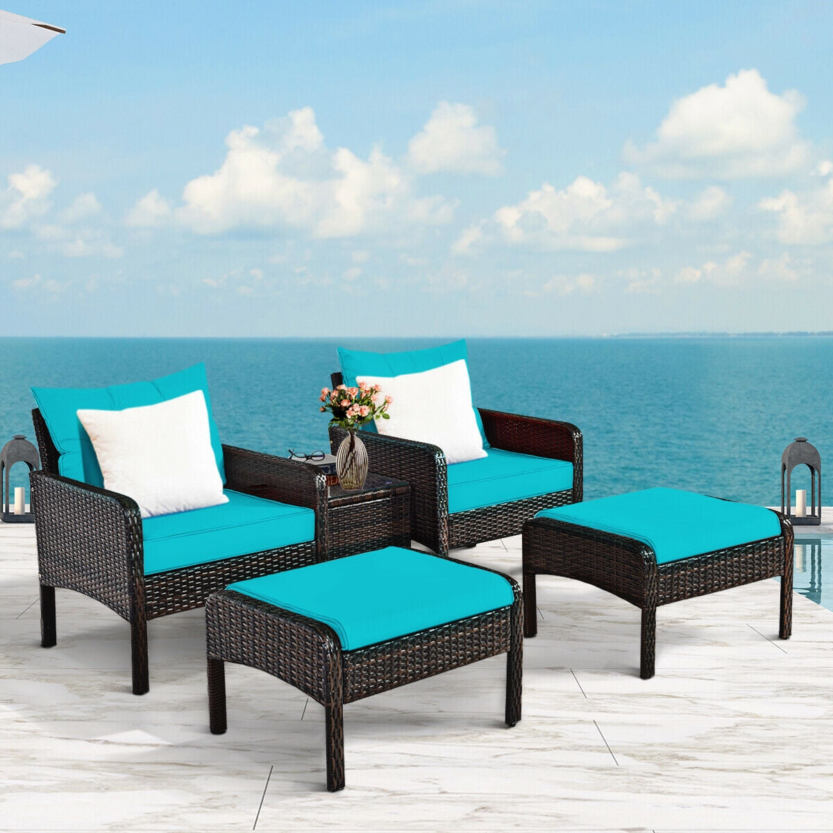 5 Pcs Patio Rattan Sofa Ottoman Furniture Set with Cushions-TurquoiseÂ